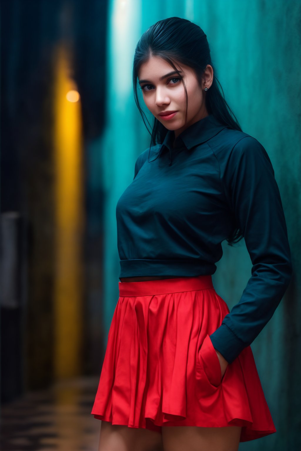 A teenage girl stands still against a rustic wooden wall with a pale blue sky in the background. She is wearing a blue long-sleeved shirt and a red skirt, accessorized with a ring on her finger and earrings in her ears. Her sleek, ponytailed hair is neatly styled, and her neutral expression carries a hint of a subtle smile. The image features cinematic color grading with Matrix movie color tones, enhanced with Tron Legacy movie style. The scene has a neon atmosphere, with a futuristic gadget in view, creating the look of a game character.
