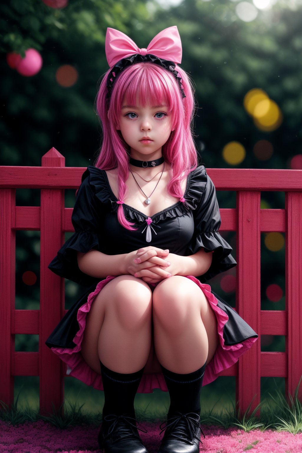 Captured from a low-angle perspective, a girl stands in front of a red fence. The girl is dressed in a black and pink outfit, adorned with a pink bow on her head. Her hair is a vibrant shade of pink, adding a pop of color to the scene. Her eyes are a piercing blue, and her lips are a darker shade of blue. Her hands are clasped in her hands. She is wearing a black necklace with a white pendant. Her socks are adorned with black laces that are tied in a bow at the bottom. The background is blurred, creating a vibrant contrast to the girl 