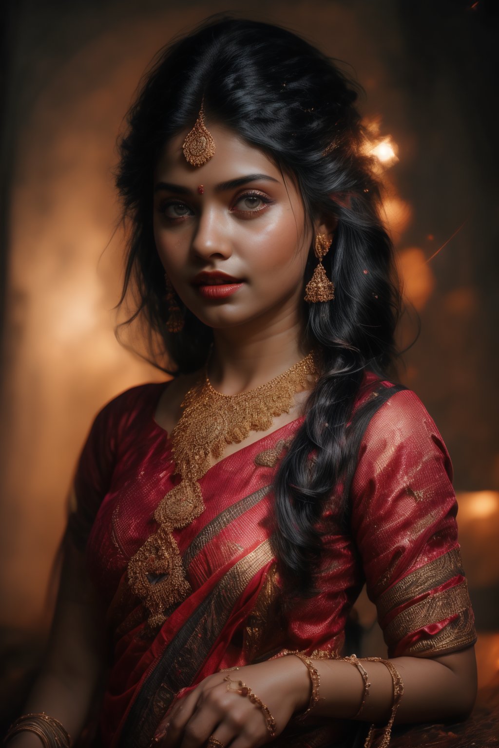 A beautiful Indian 26yo  girl wearing a traditional saree, draped in a style that reveals navel. Turtle neck blouse:2, The saree is richly colored and adorned with intricate patterns and embroidery, with a matching blouse (choli) that has short sleeves and a deep neckline. The pallu of the saree is gracefully  over her shoulder cover with blouse, , falling softly to one side, while her navel is tastefully visible where the saree is wrapped around her waist. She is adorned with traditional jewelry, including a maang tikka, jhumka earrings, a nose ring, bangles, and anklets. Her skin has a warm tone, and her long, dark hair is styled either in a loose braid or cascading waves. The setting is softly lit, focusing on her elegant pose and the cultural richness of her attire, with warm, natural lighting that enhances the details of the fabric and her jewelry.

cinematic angle, (cinematic shadows, bokeh, depth of field:1.3) , (High detail RAW Photo), (extremely detailed skin, photorealistic, heavy shadow, dramatic and cinematic lighting, key light, fill light), sharp focus, cinematic, imperfect skin, fabrics, textures, detailed face, detailed skin, detailed fingers, NaturalHand2-3500, analog film photo Deep photo,depth of field,ferrania p30 film,shadows, perfect face and body, dimly lit, nervous, harsh camera flash, faded film, desaturated, 35mm photo, grainy, Kodachrome, Lomography, stained, highly detailed, found footage,, (black hair, covered cleavage, 
A flapper girl stands poised in a smokey atmosphere, bathed in ethereal light that accentuates her stunning features. Her fair skin glows under cinematic lighting, as she gazes directly into the camera with perfect eyes and a beautiful nose. Her Drill Spring-inspired hairstyle is perfectly coiffed, framing her face, background intricate details and complex patterns that seem to leap off the screen in hyper-maximalist fashion.  with detailed decoration and lines that exude opulence. In stunning HDR and UHD, this unreal engine creation pops with gorgeous light and shadow., matrix,poakl, 5 fingers on each hands,better_hands