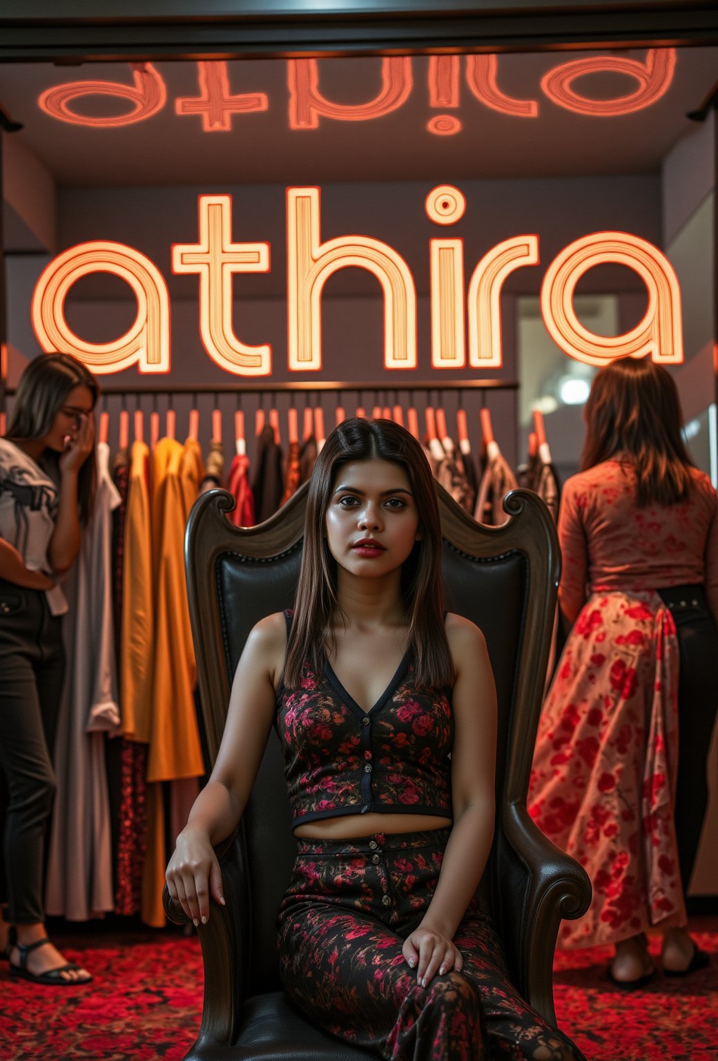 create me something beautiful, sexy, A beautiful woman, dressed in high fashion, sits on a throne in a luxurious boutique shop, surrounded by perfect cinematic lighting. Behind her, the shop's name "athira" is displayed in oversized glowing letters, commanding attention. Girls in the background casually explore the dresses on display. The scene highlights both the elegance of the boutique and the glowing, bold shop name.,Enhanced all,madona Sebastian 