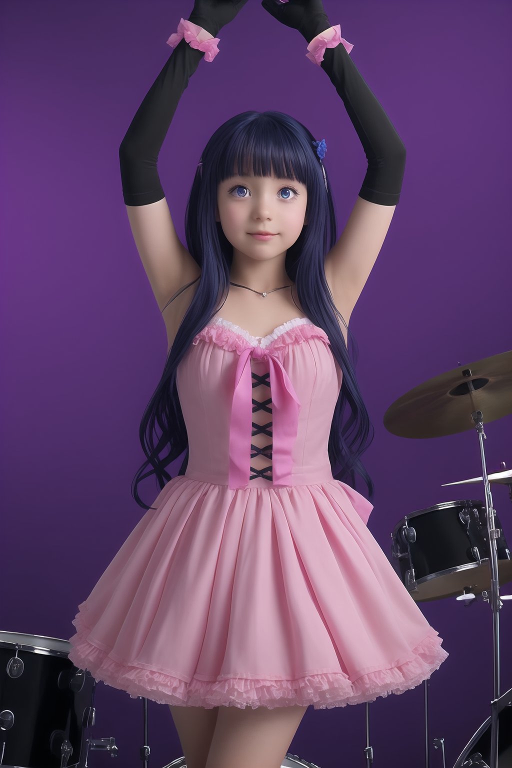 Realistic, human, Captured from a high-angle perspective, a girl with long dark blue hair, wearing a pink and yellow dress, adorned with a black belt. The arms are raised in the air, adding a touch of balance to the scene. The background is a vibrant purple hue, with white dots dotting the ceiling. To the right of the girl,a drum set is visible. 1girl, solo, long hair, looking at viewer, smile, bangs, hair ornament, thighhighs, gloves, dress, blue hair, purple eyes, heart, frills, tongue, hairclip, tongue out, pink dress, idol, pink thighhighs, pink gloves, maizono sayaka