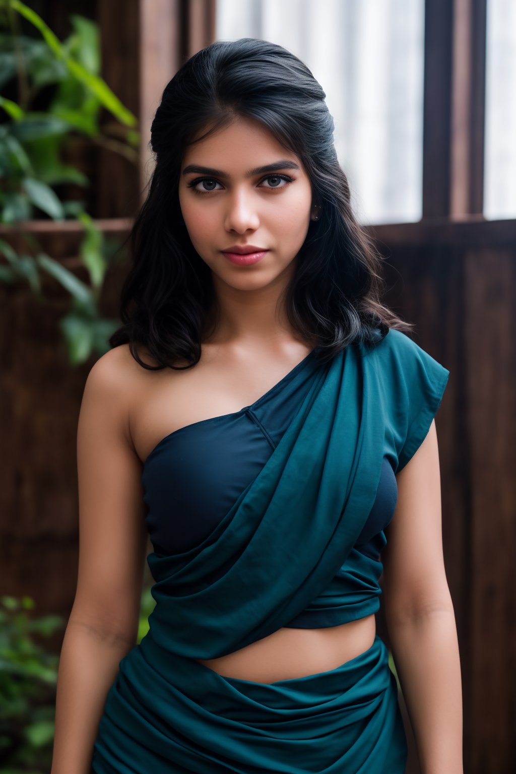 A beautiful Indian 32 woman wearing a traditional saree, draped in a style that reveals her midriff and t navel. Big breast, The saree is richly colored and adorned with intricate patterns and embroidery, with a matching blouse (choli) that has short sleeves and a deep neckline. The pallu of the saree is gracefully draped over her shoulder, falling softly to one side, while her navel is tastefully visible where the saree is wrapped around her waist. She is adorned with traditional jewelry, including a maang tikka, jhumka earrings, a nose ring, bangles, and anklets. Her skin has a warm tone, and her long, dark hair is styled either in a loose braid or cascading waves. The setting is softly lit, focusing on her elegant pose and the cultural richness of her attire, with warm, natural lighting that enhances the details of the fabric and her jewelry.

cinematic angle, (cinematic shadows, bokeh, depth of field:1.3) , (High detail RAW Photo), (extremely detailed skin, photorealistic, heavy shadow, dramatic and cinematic lighting, key light, fill light), sharp focus, cinematic, imperfect skin, fabrics, textures, detailed face, detailed skin, detailed fingers, NaturalHand2-3500, analog film photo Deep photo,depth of field,ferrania p30 film,shadows, perfect face and body, dimly lit, nervous, harsh camera flash, faded film, desaturated, 35mm photo, grainy, Kodachrome, Lomography, stained, highly detailed, found footage,, (black hair,
A flapper girl stands poised in a smokey atmosphere, bathed in ethereal light that accentuates her stunning features. Her fair skin glows under cinematic lighting, as she gazes directly into the camera with perfect eyes and a beautiful nose. Her Drill Spring-inspired hairstyle is perfectly coiffed, framing her face, background intricate details and complex patterns that seem to leap off the screen in hyper-maximalist fashion.  with detailed decoration and lines that exude opulence. In stunning HDR and UHD, this unreal engine creation pops with gorgeous light and shadow., matrix,poakl