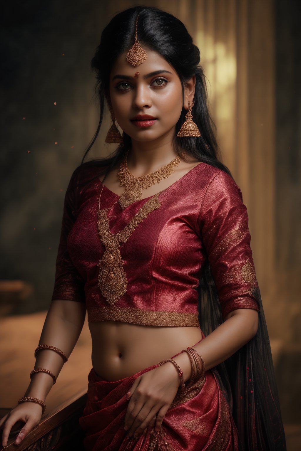 A beautiful Indian 26yo  girl wearing a traditional saree, draped in a style that reveals navel. Turtle neck blouse:2, The saree is richly colored and adorned with intricate patterns and embroidery, with a matching blouse (choli) that has short sleeves and a deep neckline. The pallu of the saree is gracefully  over her shoulder cover with blouse, , falling softly to one side, while her navel is tastefully visible where the saree is wrapped around her waist. She is adorned with traditional jewelry, including a maang tikka, jhumka earrings, a nose ring, bangles, and anklets. Her skin has a warm tone, and her long, dark hair is styled either in a loose braid or cascading waves. The setting is softly lit, focusing on her elegant pose and the cultural richness of her attire, with warm, natural lighting that enhances the details of the fabric and her jewelry.

cinematic angle, (cinematic shadows, bokeh, depth of field:1.3) , (High detail RAW Photo), (extremely detailed skin, photorealistic, heavy shadow, dramatic and cinematic lighting, key light, fill light), sharp focus, cinematic, imperfect skin, fabrics, textures, detailed face, detailed skin, detailed fingers, NaturalHand2-3500, analog film photo Deep photo,depth of field,ferrania p30 film,shadows, perfect face and body, dimly lit, nervous, harsh camera flash, faded film, desaturated, 35mm photo, grainy, Kodachrome, Lomography, stained, highly detailed, found footage,, (black hair, covered cleavage, 
A flapper girl stands poised in a smokey atmosphere, bathed in ethereal light that accentuates her stunning features. Her fair skin glows under cinematic lighting, as she gazes directly into the camera with perfect eyes and a beautiful nose. Her Drill Spring-inspired hairstyle is perfectly coiffed, framing her face, background intricate details and complex patterns that seem to leap off the screen in hyper-maximalist fashion.  with detailed decoration and lines that exude opulence. In stunning HDR and UHD, this unreal engine creation pops with gorgeous light and shadow., matrix,poakl, 5 fingers on each hands,better_hands