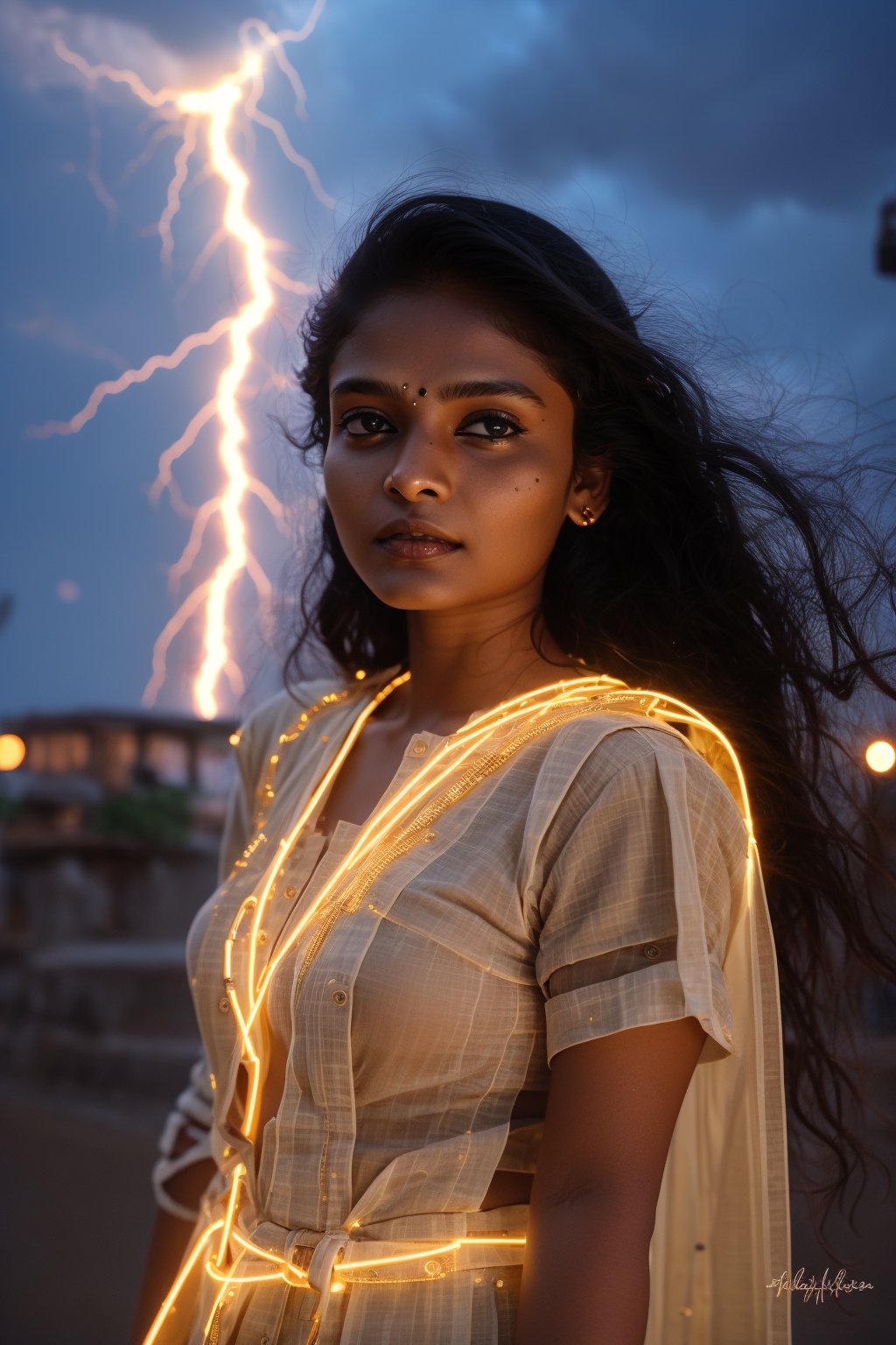 A young and fashionable Kerala woman is standing in a square in a metropolis. Behind the woman, a bolt of lightning struck straight towards the ground,close_up,cowboy_shot,Neon,Face,Glow,lightning,(lightning),(lightning background),thunder,lightning bolt