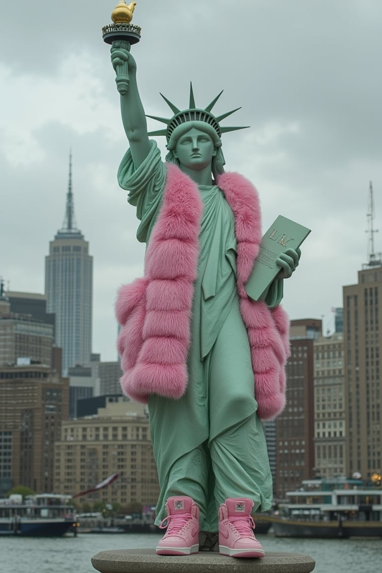 The Statue of Liberty wearing a pink fur coat and green pants, performing the Air Jordan jump pose, with pink Nike sneakers, against a New York City background, in the style of Steven Klein, with a symmetrical face and a half-body shot,Midjourney v6,epicphoto