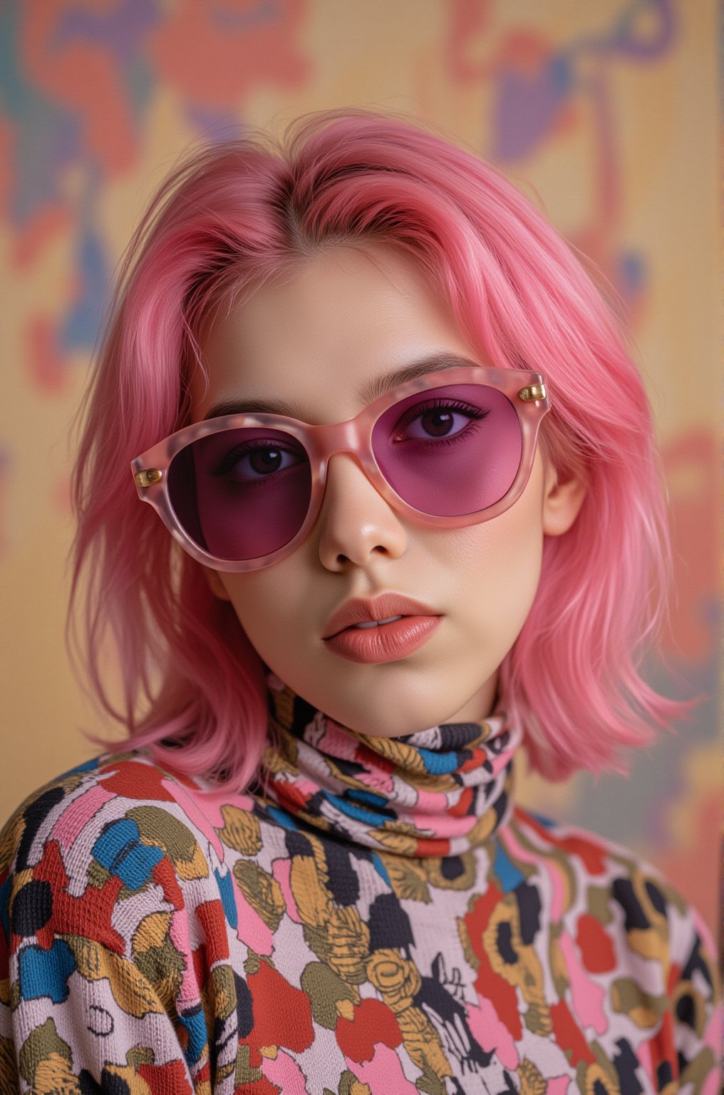 A vibrant, close-up portrait of a young woman with pink hair, wearing oversized, colorful sunglasses, and patterned turtleneck, abstract, textured background | pop art style, bold colors, detailed, highly stylized | photorealistic | studio lighting
,cinematic , film grain, Short telephoto focal length, shot on ALEXA 65