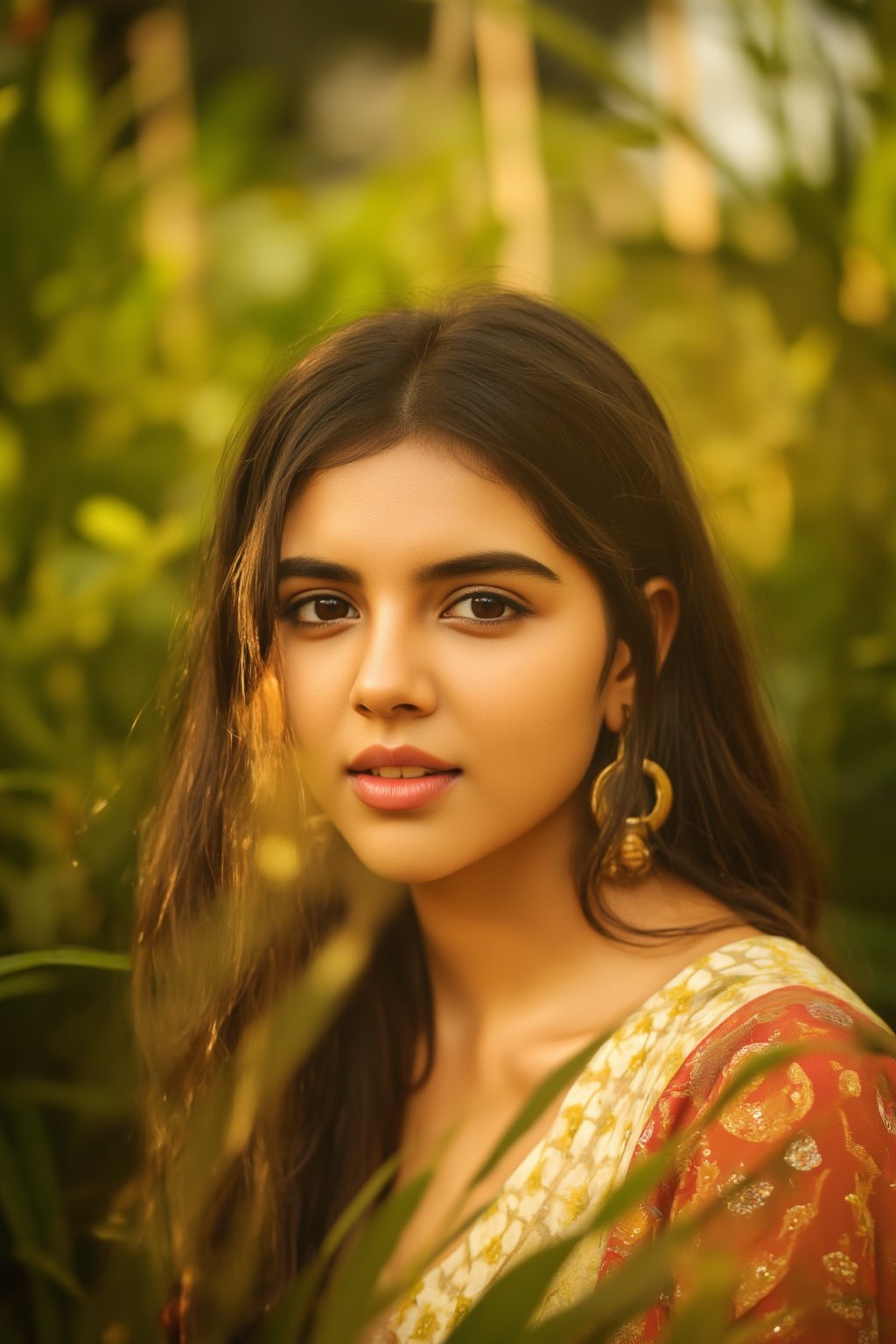 A stunning portrait of Kalyani Priyadarshan, framed by a warm golden light. She sits serenely in a lush greenery-filled setting, her long hair cascading down her back like a gentle waterfall. Her eyes sparkle with quiet confidence as she gazes softly into the distance.,Sahana15,Kalyani priyadarsh