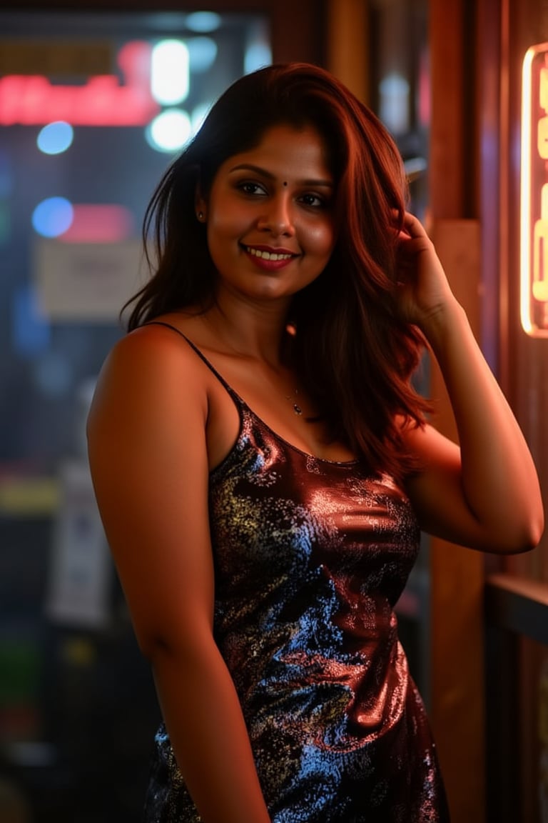 A woman posing confidently, radiant in a metallic dress with digital patterns and neon accents, against a blurred backdrop of vintage circuitry and neon lights. Soft, warm lighting highlights her features,  reflecting a digital glow. Her stylish gaze is set off by the retro-futuristic atmosphere, as if stepping out of a 1980s time capsule.,NeemoFairy,Liminal Space,Ambience Steampunk,Mallu beauty 