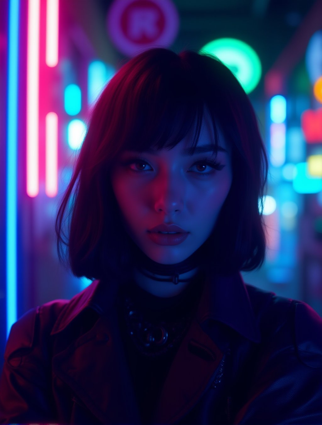 A cyberpunk women, realistic, details and enhanced image, beautiful,The atmosphere is fun and inviting, featuring colors like black, blue, dark blue, dark purple, gray, light green, purple, and orange. Neon lights in pink, blue, and green illuminate the space, creating a bokeh and Depth, captured in a cinematic style with a Sony A7R IV full-frame ceramic camera 