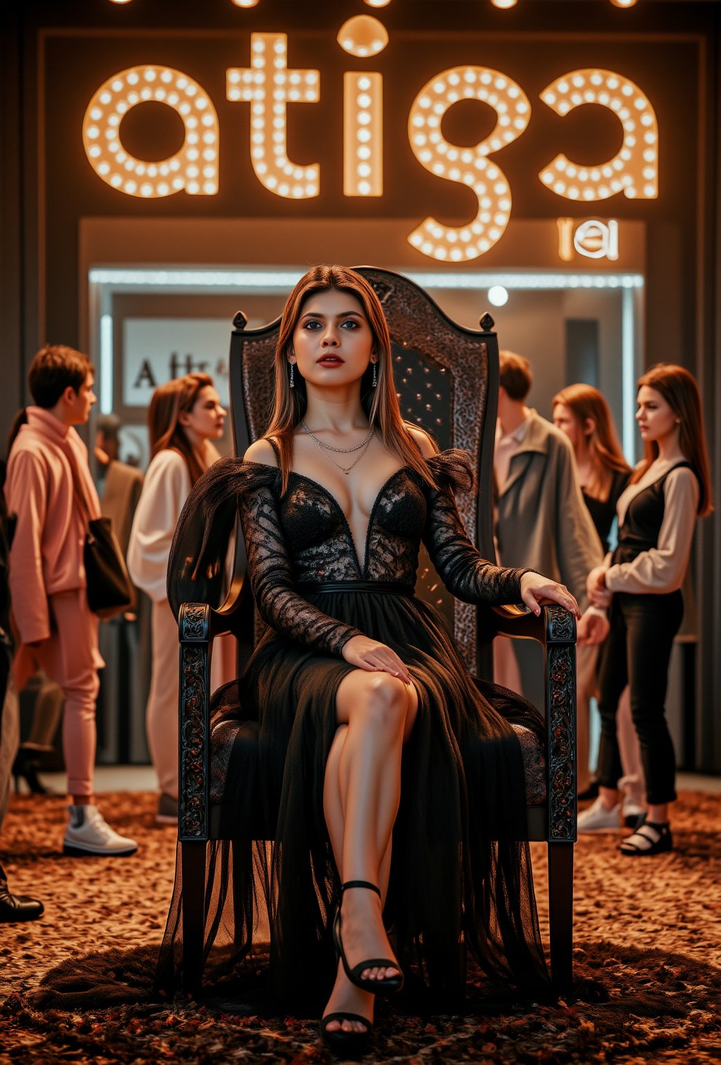 create me something beautiful, sexy, A beautiful woman, dressed in high fashion, sits on a throne in a luxurious boutique shop, surrounded by perfect cinematic lighting. Behind her, the shop's name "athira" is displayed in oversized glowing letters, commanding attention. Girls in the background casually explore the dresses on display. The scene highlights both the elegance of the boutique and the glowing, bold shop name.,Enhanced all,madona Sebastian 