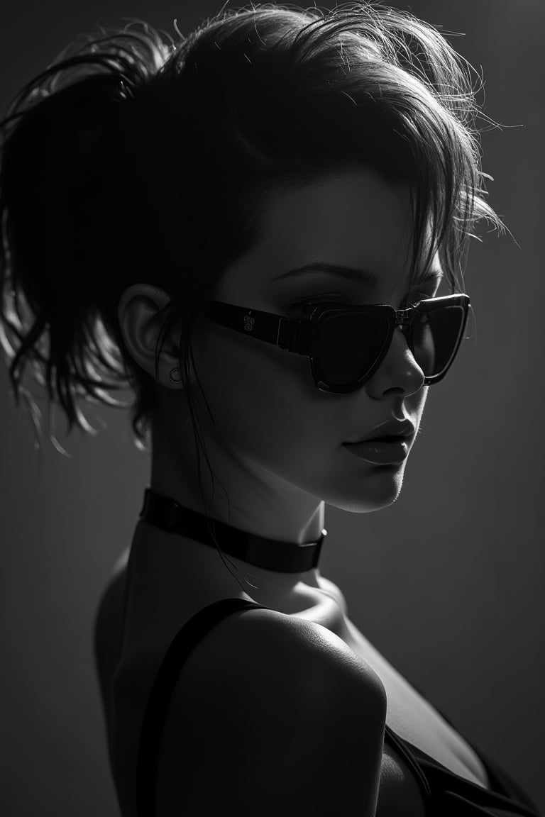 dol of chicago, a beautiful slim curvy pale goth girl with asymmetrical punk rock hair and badass euro design sunglasses. mole on cheek. half portrait by stanley artgerm, dramatic lighting, by nagel, shin jeongho, nick silva and ilya kuvshinov, deviantart