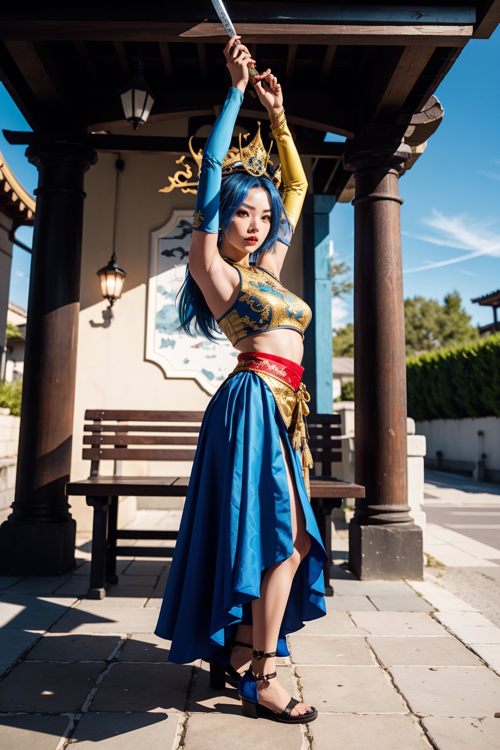 Captured from a low-angle perspective, a vibrant blue-haired woman, dressed in a traditional Asian costume, is adorned with a white and blue skirt, adorned with gold accents. She stands on a tiled floor, her arms stretched out to her sides, revealing a sword in her right hand. Her hair is adorned in a crown, adding a pop of color to her outfit. The sword is held in her left hand, while her right arm is stretched out in front of her. Her left hand is positioned in the air, adding balance to the scene. The scene is set against a backdrop of red pillars, a white building, and a red bench. The sky is a bright, sunny day.