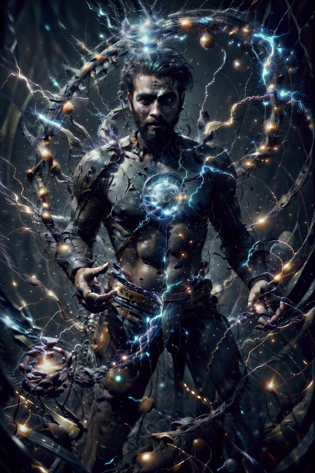 , thundermagic , excessive energy ,  charged aura, wizard, man,  gigachad, glowing hair ,upper body, holding an energy ball,thundermagic,Beard man