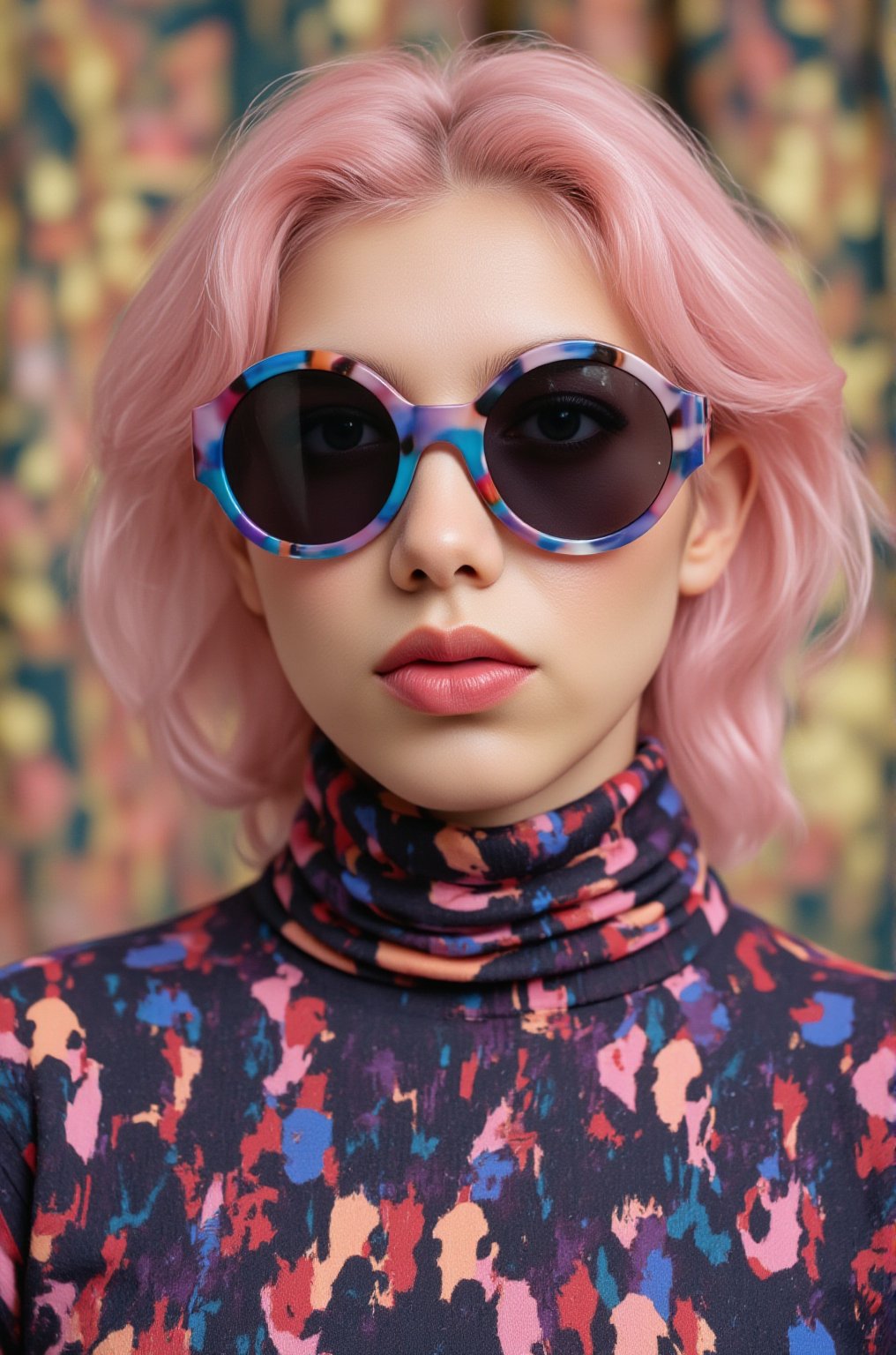 A vibrant, close-up portrait of a young woman with pink hair, wearing oversized, colorful sunglasses, and patterned turtleneck, abstract, textured background | pop art style, bold colors, detailed, highly stylized | photorealistic | studio lighting
,cinematic , film grain, Short telephoto focal length, shot on ALEXA 65