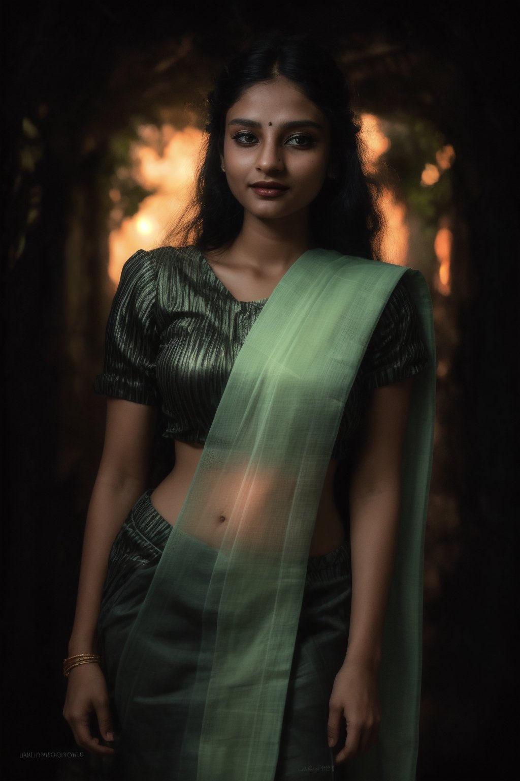 Portrait of a mystical fantasy bioluminescent neon woman. Glamorous fashionable lady in saree. Glowing, Glowing color,Glowing dots and line on body and skin, ,  high resolution 8k image quality,photorealistic,Saree ,NeonST2