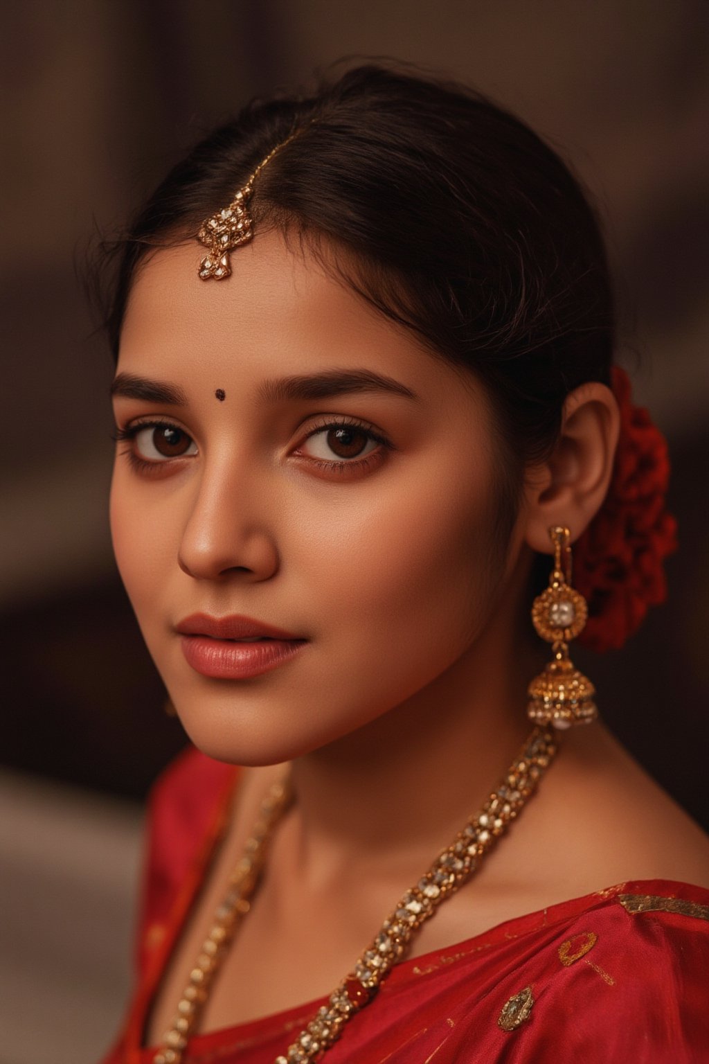 Raw photo of (28yo Kerala Beautiful young woman:1.1, (best quality, highres, ultra-detailed:1.2), This breathtaking photograph, shot on a Canon 1DX with a 50 mm f/2.8 lens, beautifully showcases the raw and authentic beauty of life. high resolution 8k image quality, vibrant colors, glowing dimond, glowing eyes, realistic Raw photo, realistic lighting, traditional Red saree,  exotic beauty, mesmerizing eyes,35mm photo,epicphoto