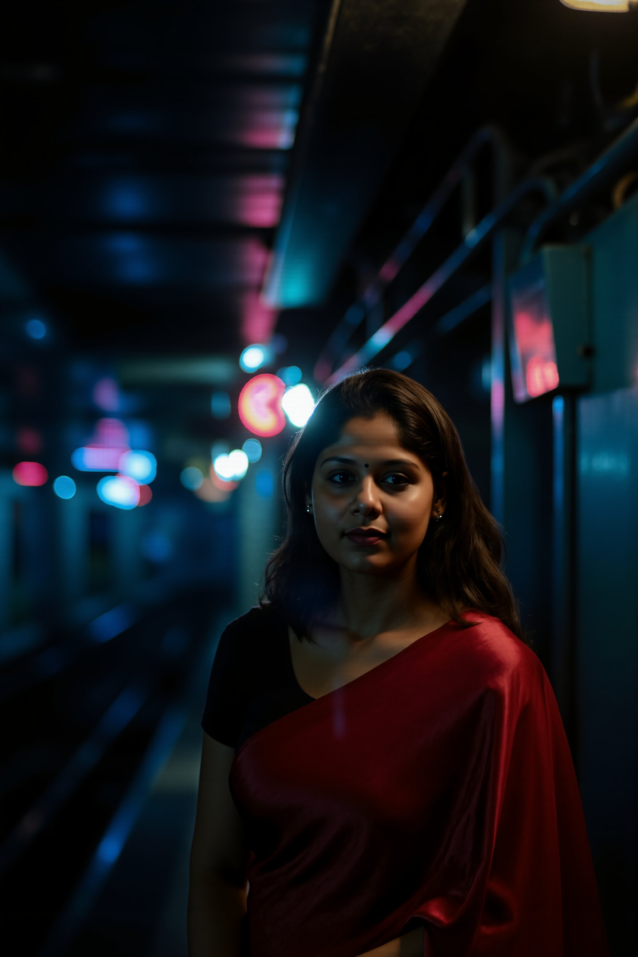 A beautiful mallu women, teal and Red colour lighting in background, futuristic subway, pipeline , wires, light indicators, intricate background, realism,realistic,raw,analog,portrait,photorealistic, taken by Canon EOS,SIGMA Art Lens 35mm F1.4,ISO 200 Shutter Speed 2000,Vivid picture,Mallu beauty, The atmosphere is fun and inviting, featuring colors like black, blue, dark blue, dark purple, gray, light green, purple, and orange. Neon lights in pink, blue, and green illuminate the space, creating a bokeh and Depth of Fieldeffect. The focus is on the girl from the torso to the head, captured in a cinematic style with a Sony A7R IV full-frame camera,Mallu beauty,futuristicportrait,Realistic,Mallu beauty 