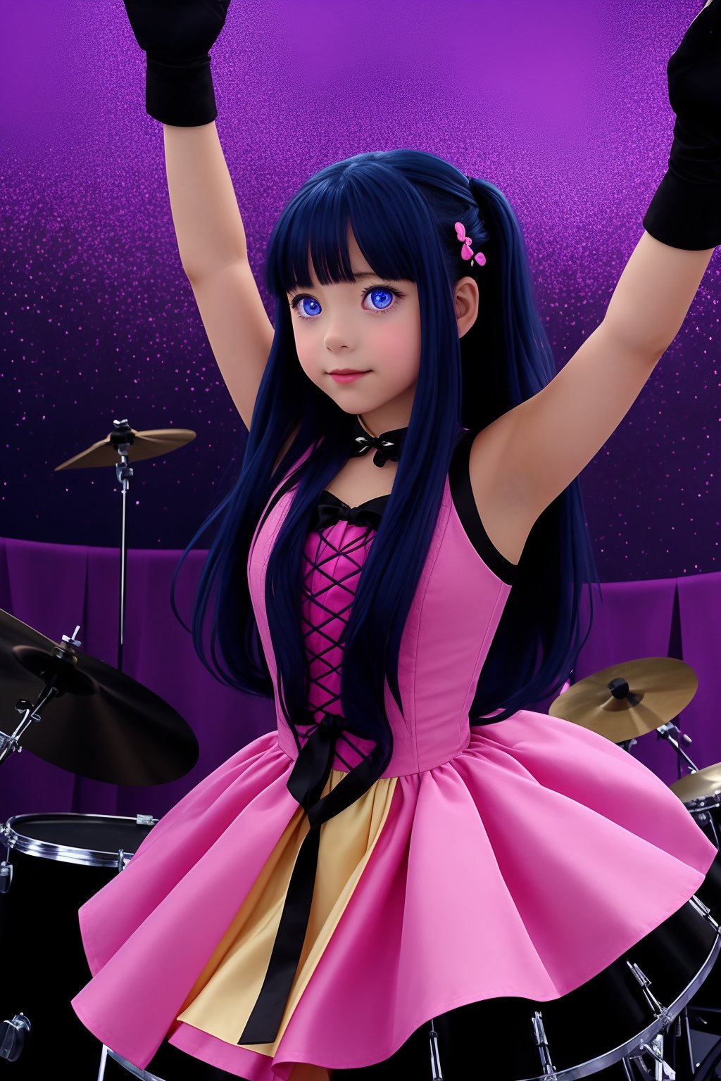 Realistic, human, Captured from a high-angle perspective, a girl with long dark blue hair, wearing a pink and yellow dress, adorned with a black belt. The arms are raised in the air, adding a touch of balance to the scene. The background is a vibrant purple hue, with white dots dotting the ceiling. To the right of the girl,a drum set is visible. 1girl, solo, long hair, looking at viewer, smile, bangs, hair ornament, thighhighs, gloves, dress, blue hair, purple eyes, heart, frills, tongue, hairclip, tongue out, pink dress, idol, pink thighhighs, pink gloves, maizono sayaka