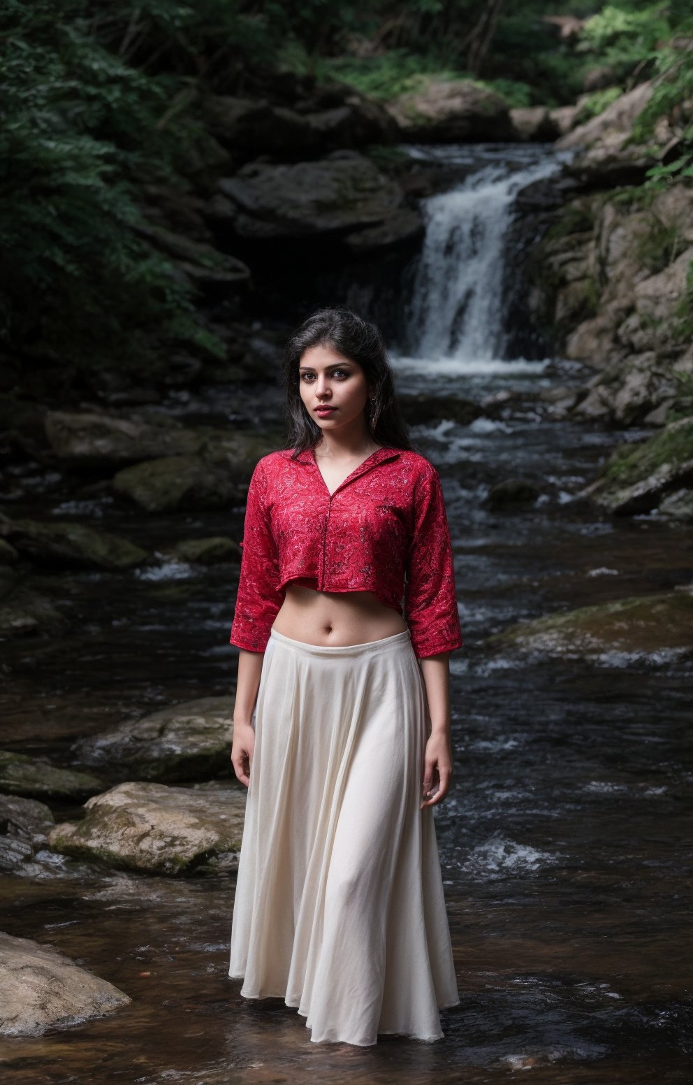 The task is to annotate the image by identifying and describing its content using natural language. The image contains a woman standing in a natural setting, which includes a stream and rocks. She is dressed in traditional attire with a red blouse and a white skirt, adorned with gold detailing. Her pose and the serene environment suggest a connection with nature and possibly a cultural or personal significance to the attire and setting. 