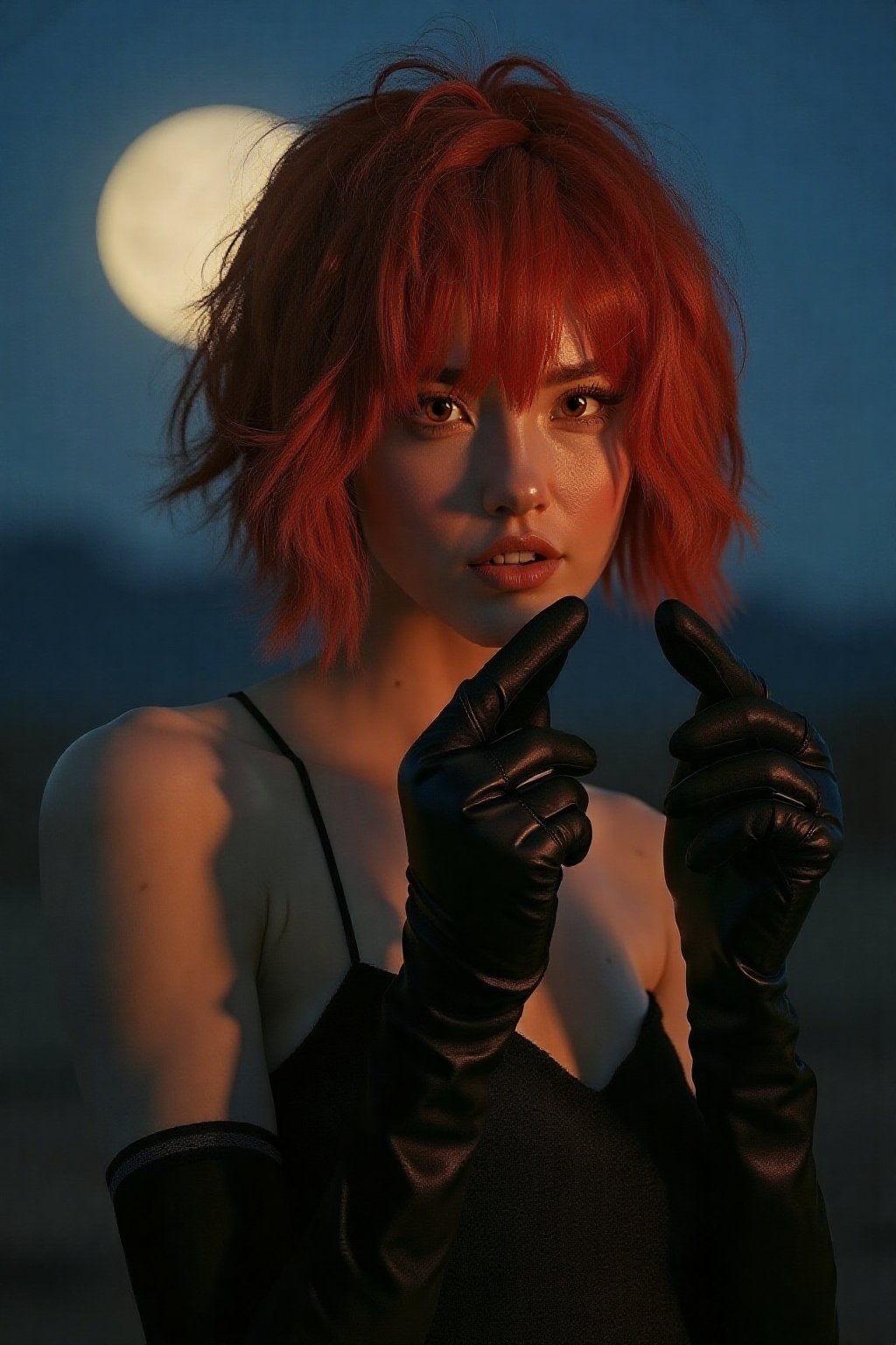 Generate hyper realistic image of a woman with luscious red locks stands outdoors at night, the moonlight casting a soft glow on her flawless complexion. Her short hair is tousled by the gentle breeze, and she wears tight black gloves that hug her slender arms. With confidence in her stance and a subtle smirk playing on her lips, she exudes an aura of mystery and allure, captivating the viewer's attention under the starry night sky.