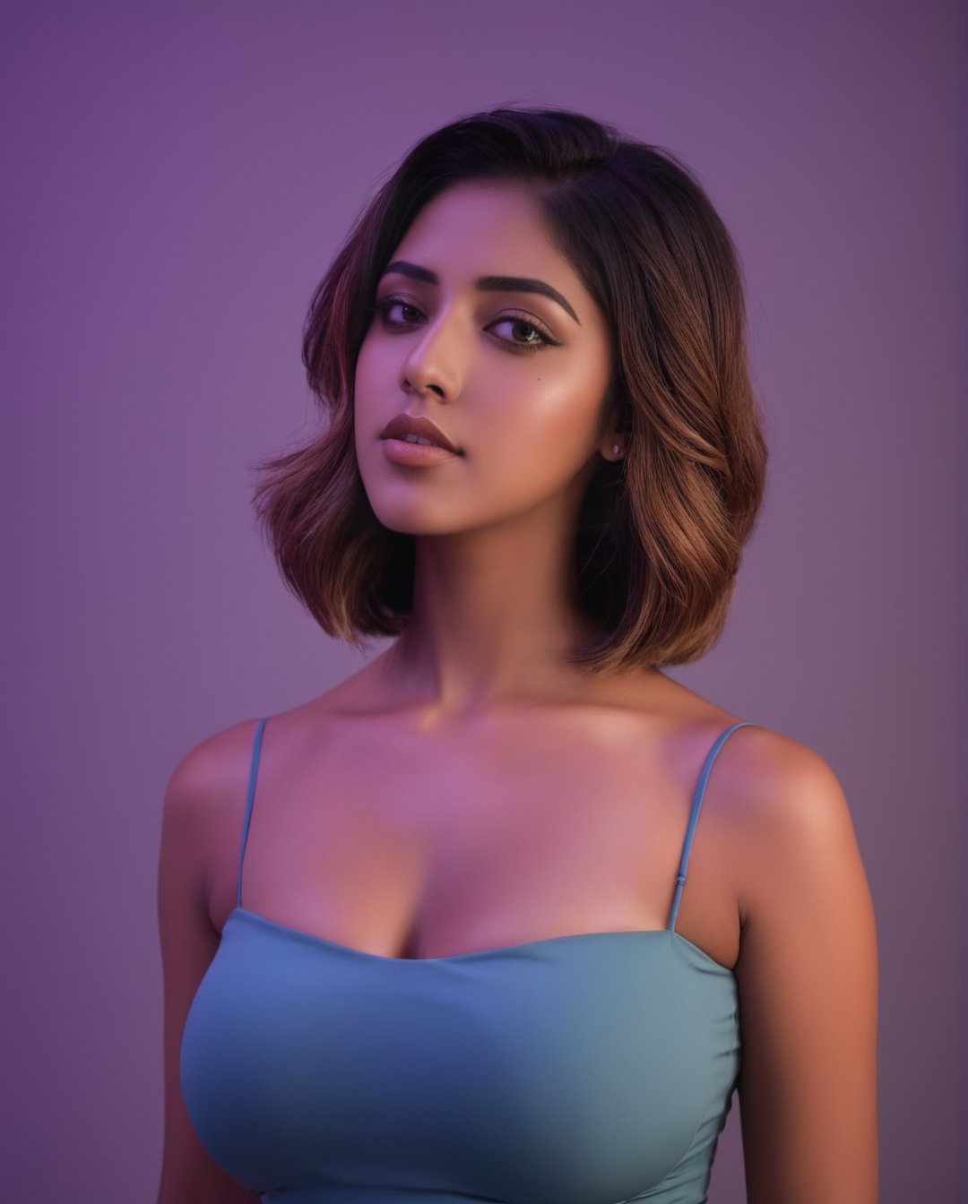 (Anu Emmanuel:1.1), symmetrical face, 
 breast_to_breast, lavander dress, ((big boobs:2)) neon photography style, clavege,  ( full size:2) LED  colour light, teal and orange colour grading, female focus, one girl looking at viewer, , short hair,bob cut, solo, night time, outdoors, dark,depth_of_field,neon light, ,detailmaster2,make_3d