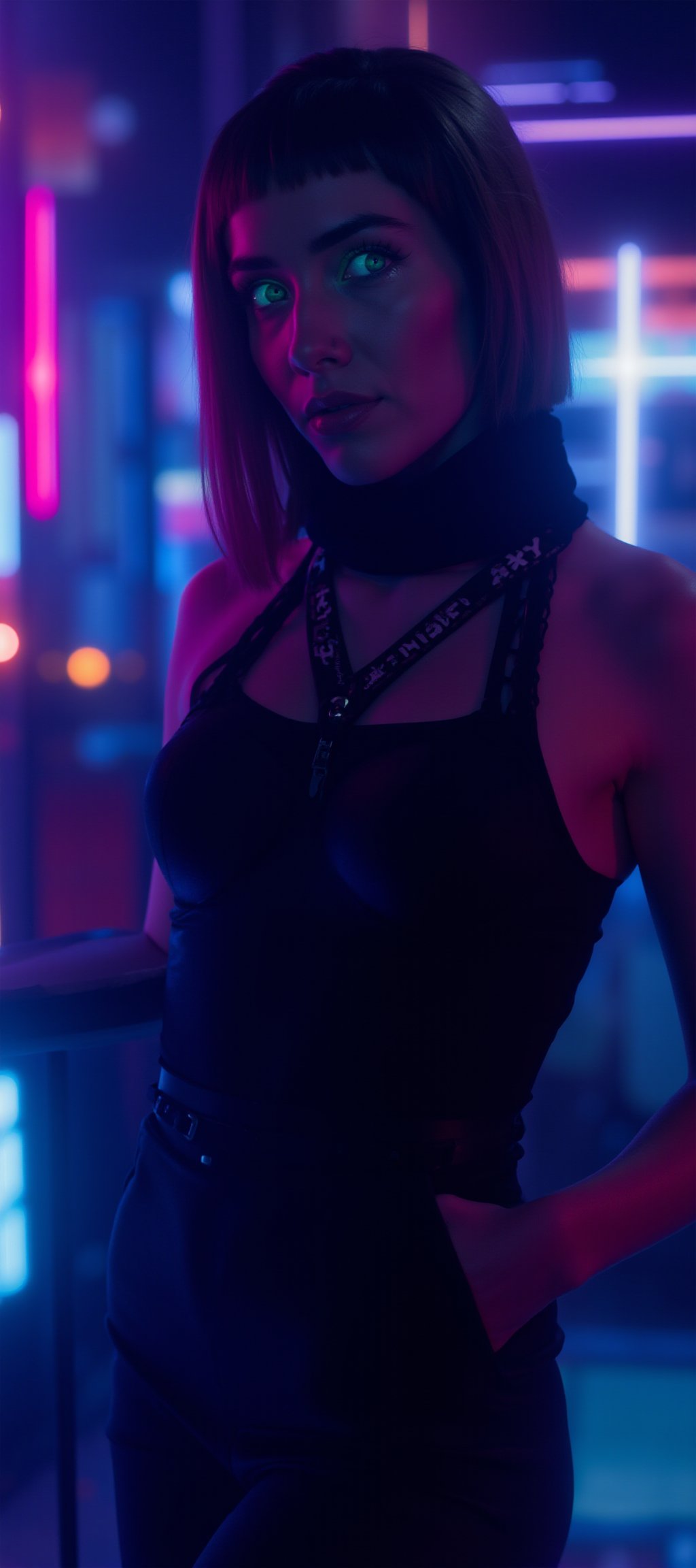 A cyberpunk women, realistic, details and enhanced image, beautiful,The atmosphere is fun and inviting, featuring colors like black, blue, dark blue, dark purple, gray, light green, purple, and orange. Neon lights in pink, blue, and green illuminate the space, creating a bokeh and Depth of Fieldeffect. The focus is on the girl from the torso to the head, captured in a cinematic style with a Sony A7R IV full-frame ceramic camera 