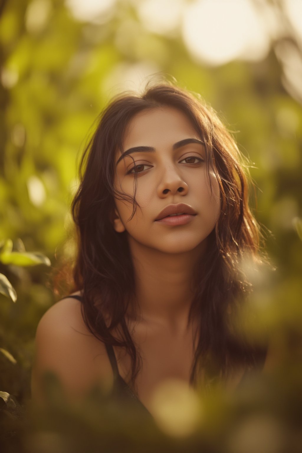 A stunning portrait of madona Sebastian framed by a warm golden light. She sits serenely in a lush greenery-filled setting, her long hair cascading down her back like a gentle waterfall. Her eyes sparkle with quiet confidence as she gazes softly into the distance.madona Sebastian 