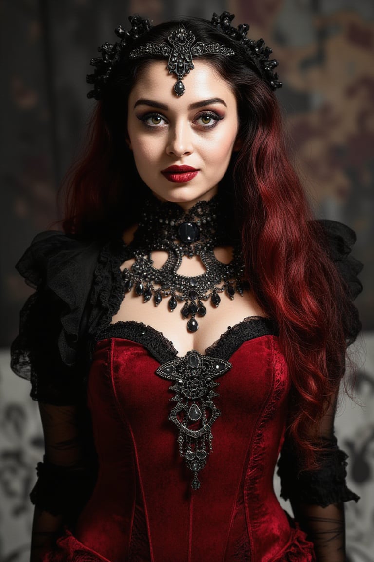 black and white, gothic princess, stunning, adorned in jewels, dark gothic make up, long black hair, tight red bodsuit, , ful body frontal, red hair, vibrant green eyes