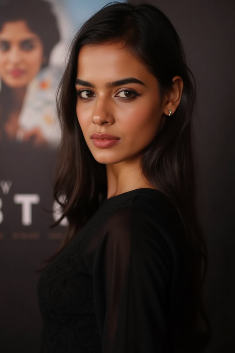  A young woman stands confidently against a movie poster backdrop, her gaze directed straight at the camera, exuding an air of confidence and allure, She wears a black top with a lace pattern, her features softly highlighted by even lighting, Off-center placement draws the viewer's eye towards her, while a subtle hint of a man in the background adds depth to the scene, The movie poster suggests a possible movie theater setting, 