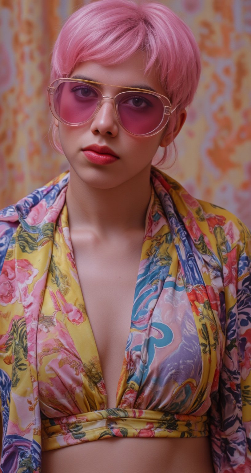 A vibrant,  portrait of a young woman with pink hair, wearing oversized, colorful sunglasses, and patterned lahanga, abstract, midriff exposed, navel, textured background | pop art style, bold colors, detailed, highly stylized | photorealistic | studio lighting
,cinematic , film grain, Short telephoto focal length, shot on ALEXA 65