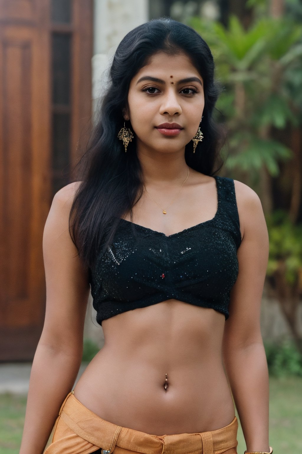  Russian, solo, long hair,  glitter_force, simple background, black hair, navel, jewelry, earrings, midriff, piercing, ring, realistic, navel piercing,25 years old mallu girl , plumb, This breathtaking photograph, shot on a Canon 1DX with a 50 mm f/2.8 lens, beautifully showcases the raw and authentic beauty of life. high resolution 8k image quality,