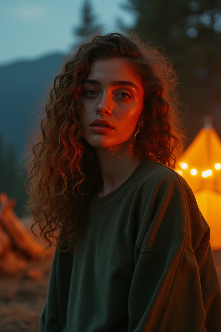 Generate an image of a stunning 18-year-old petite teenager, young, youth, child, kid, blending Black and Spanish heritage. She has fluffy curly golden brown hair, Type 4 hair, lush and vibrant, falling in loose waves down her back.

Setting:
- Outdoor: A serene mountain campsite at dusk, mountain view
- Soft, warm lighting with subtle shadows and twinkling string lights
- Tall trees surrounding a cozy clearing, with a crackling campfire and rustic wooden benches
- Camping gear and equipment subtly integrated into the scene

Physical Description:
- Fair skin with a subtle, sun-kissed glow
- Bright, expressive hazel eyes
- olive, dark Italian skin

Outfit:
- Comfortable, green earth-toned camping shirt (flannel or fleece)
- Practical hiking pants or leggings
- Warm, cozy cardigan 
- Sturdy hiking boots

Style:
-Effortless, coastal chic
- Confident, carefree, innocent pose

Mood:
- Serene, joyful, and radiant
- Capturing the essence of a relaxed summer afternoon
Inspired by singer Tyla's vibrant energy and style, create a breathtaking image that embodies beauty, elegance, and a laid-back coastal vibe.