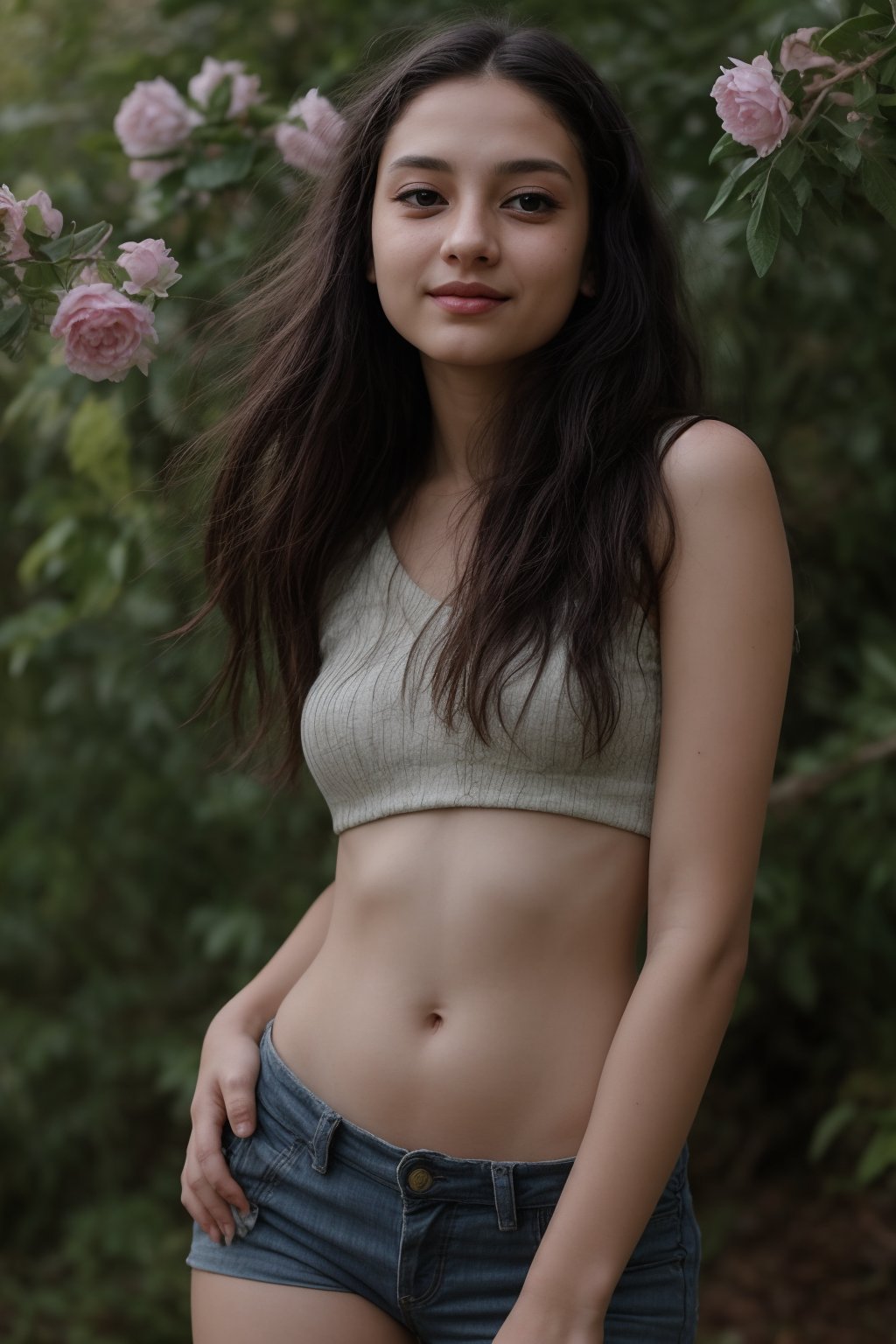 A 15-year-old girl with long brown hair and bright green eyes stands confidently outdoors, her skin glistening from the sunlight. She wears short hot pants and a subtle upper, her lips curled into a gentle smile as she gazes directly at the viewer. A delicate flower adorns her navel, its petals slightly blurred by the camera's focus on her captivating gaze. Her brown hair blows gently in the wind, framing her freckled nose. In the background, a slender branch reaches out, almost touching her shoulder. A slim-fit energy light particle mecha hovers near her head, its sparks and particles dancing around her in shimmering harmony.