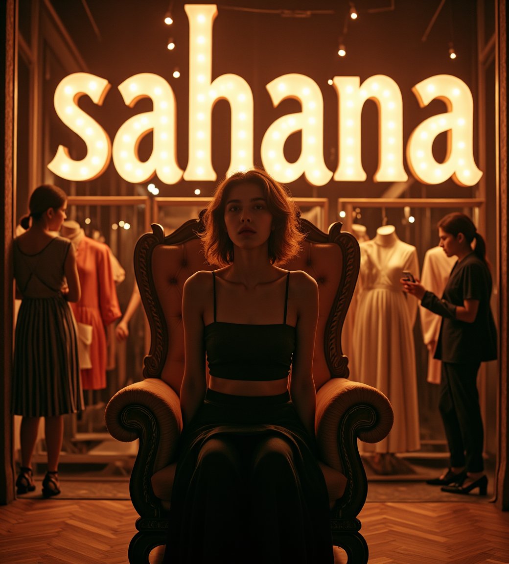 create me something beautiful, sexy, A beautiful woman, dressed in high fashion, sits on a throne in a luxurious boutique shop, surrounded by perfect cinematic lighting. Behind her, the shop's name "sahana" is displayed in oversized glowing letters, commanding attention. Girls in the background casually explore the dresses on display. The scene highlights both the elegance of the boutique and the glowing, bold shop name.,Enhanced all