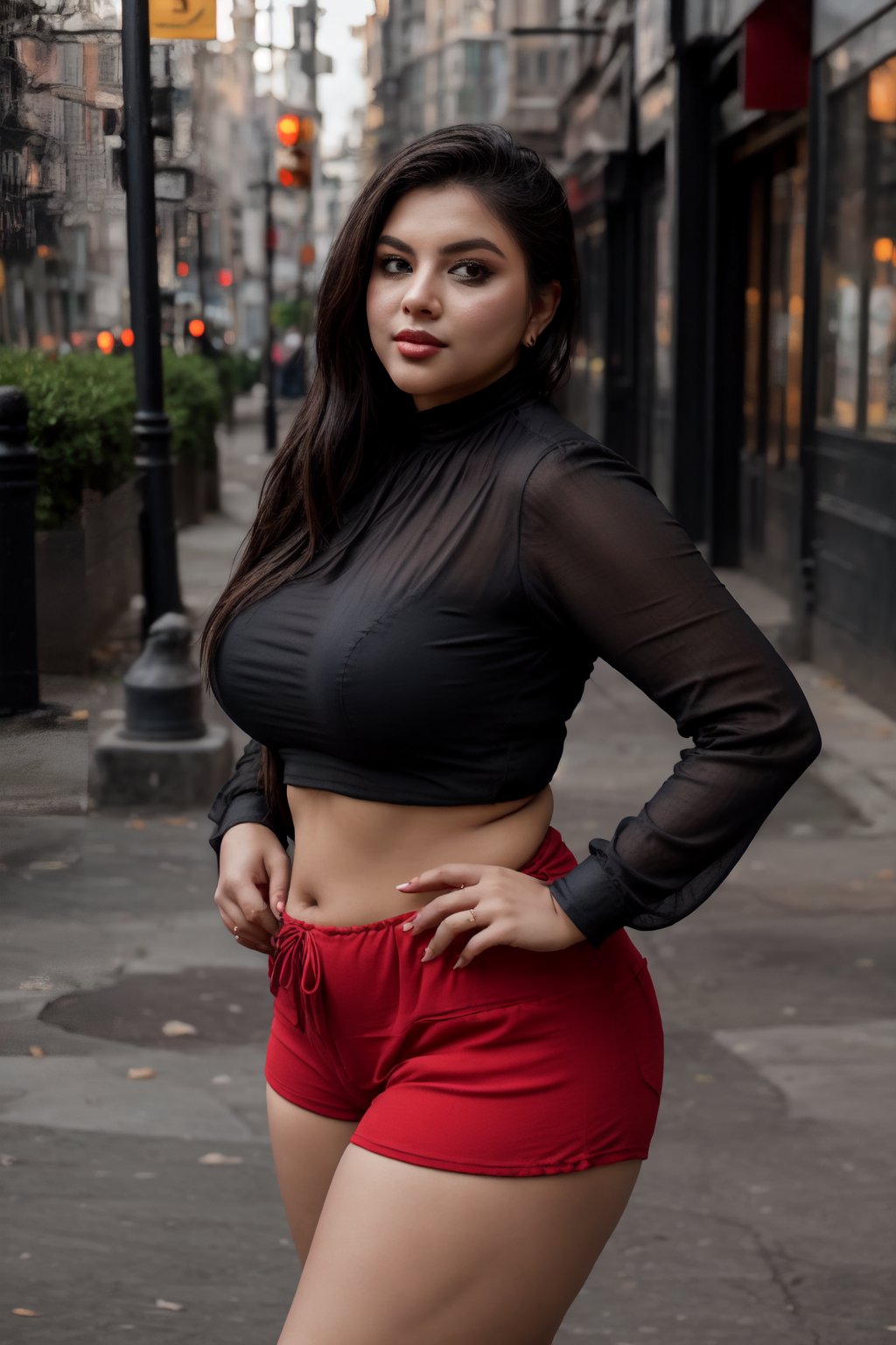 A stunning plumpy short hair woman posing confidently in a modern city setting, captured by a professional photographer. She wears a silky, red long blouse that showcases her curvy figure, paired with hot and short pants that accentuate her attractive features. Her big, perfect eyes are the focal point of the shot, framed by her symmetrycal face. The yellow hue of the city's architecture provides a vibrant contrast to her stunning looks. As she poses, plump curves are highlighted, drawing attention to her sultry, sexy presence., plump, curvy women 