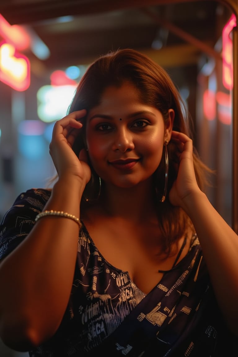 A woman posing confidently, radiant in a metallic dress with digital patterns and neon accents, against a blurred backdrop of vintage circuitry and neon lights. Soft, warm lighting highlights her features,  reflecting a digital glow. Her stylish gaze is set off by the retro-futuristic atmosphere, as if stepping out of a 1980s time capsule.,NeemoFairy,Liminal Space,Ambience Steampunk,Mallu beauty 