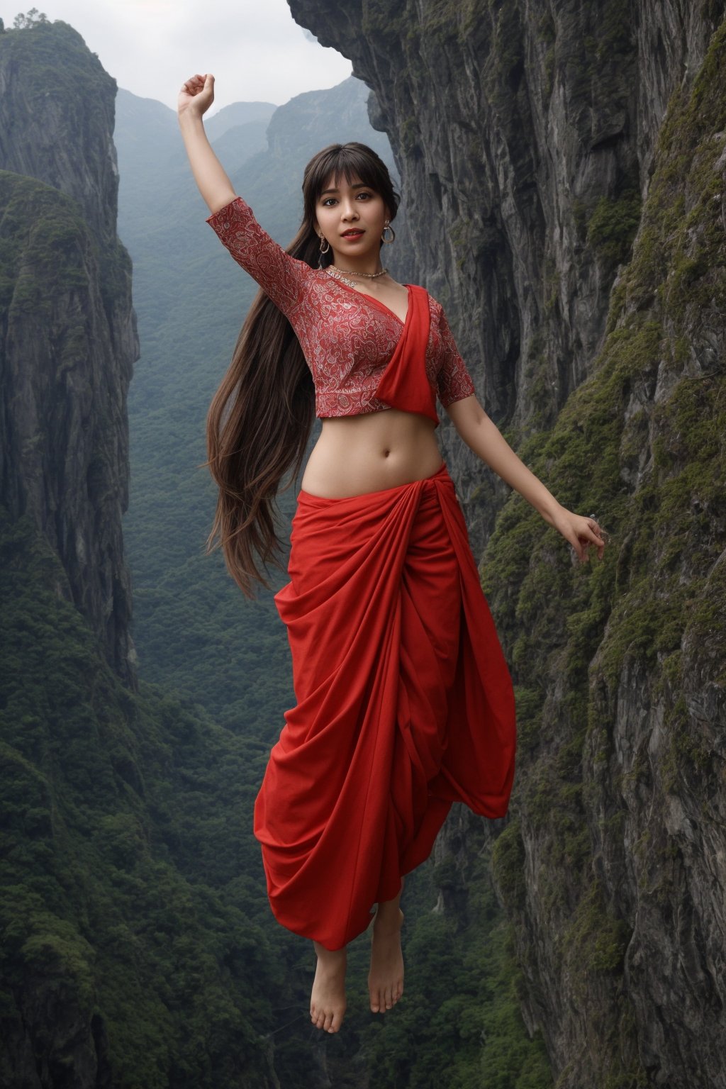 masterpiece , full body, (slightly smiling with closed mouth), parted bangs, long hair, twintails, dangle earrings),((anti-gravity in the air,l magic)), levitation ,Saree