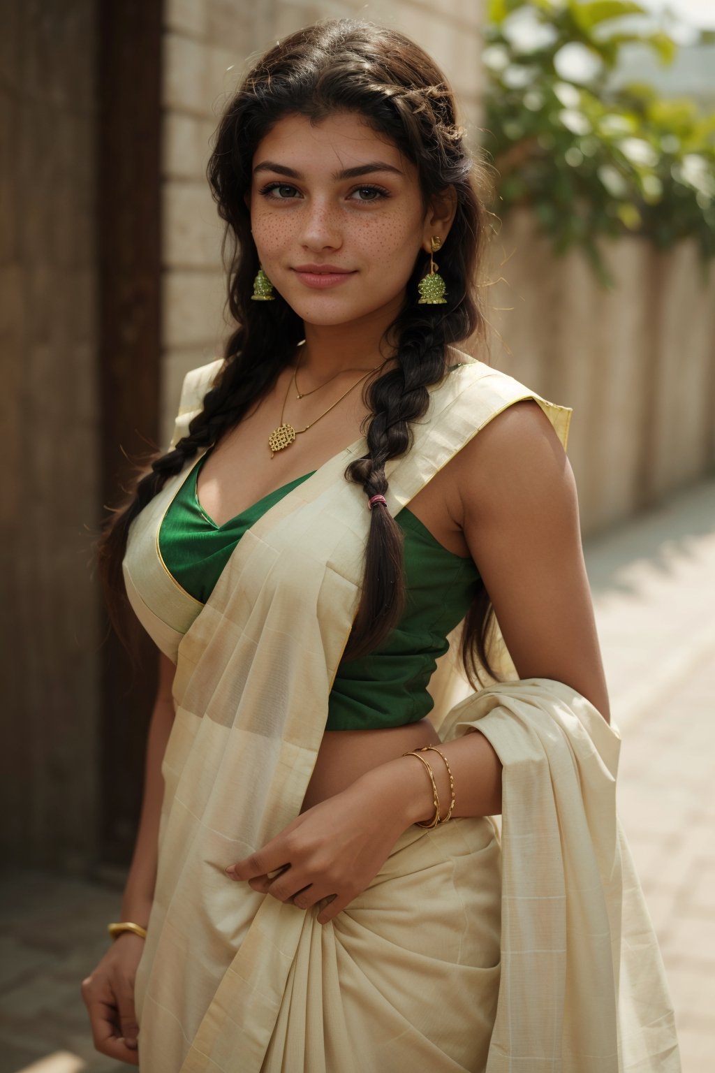 1girl, solo, long hair, smile, black hair, hair ornament, dress, jewelry, standing, braid, earrings, outdoors, day, necklace, cosplay, single braid, blurry background, realistic, green  blouse, white saree, photo background,Reshmi nair 