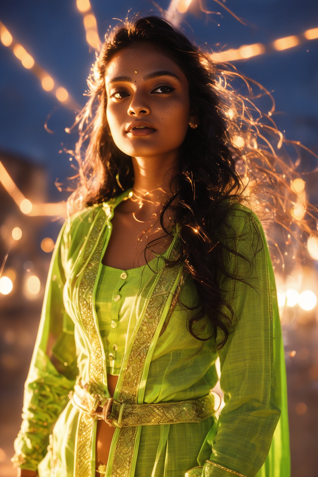 A young and fashionable Kerala woman is standing in a square in a metropolis. Behind the woman, a bolt of lightning struck straight towards the ground,close_up,cowboy_shot,Neon,Face,Glow,lightning,(lightning),(lightning background),thunder,lightning bolt