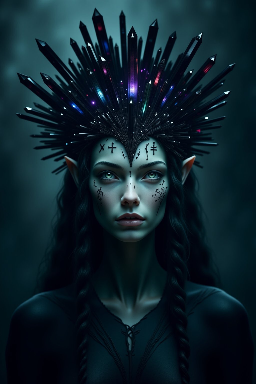 A dark and ethereal portrait of an elf in which her pale skin contrasts with the gloom that surrounds her. Her almond-shaped eyes, a deep and mysterious green, shine with an aura of ancient magic and hidden power. Her face is framed by strands of dark, almost black hair that fall in soft waves,
highlighting its delicate but imposing beauty. He wears a crown of dark, sharp crystals that seem to grow directly from his skull, radiating a cold, spectral glow. The crystals glow with a dark light, reflecting flashes of deep blue, purple, and black, as if imbued with forbidden magic.
Shadows cling to his figure, enhancing the atmosphere of mystery, while ancient marks and runes appear subtly on his skin, emitting a hidden energy. The background is composed of hazy shadows and diffuse shapes, as if the world is fading around them, focusing only on their imposing and disturbing presence.
The atmosphere is haunting and mystical, with a sense of latent danger emanating from its powerful presence,crystalz