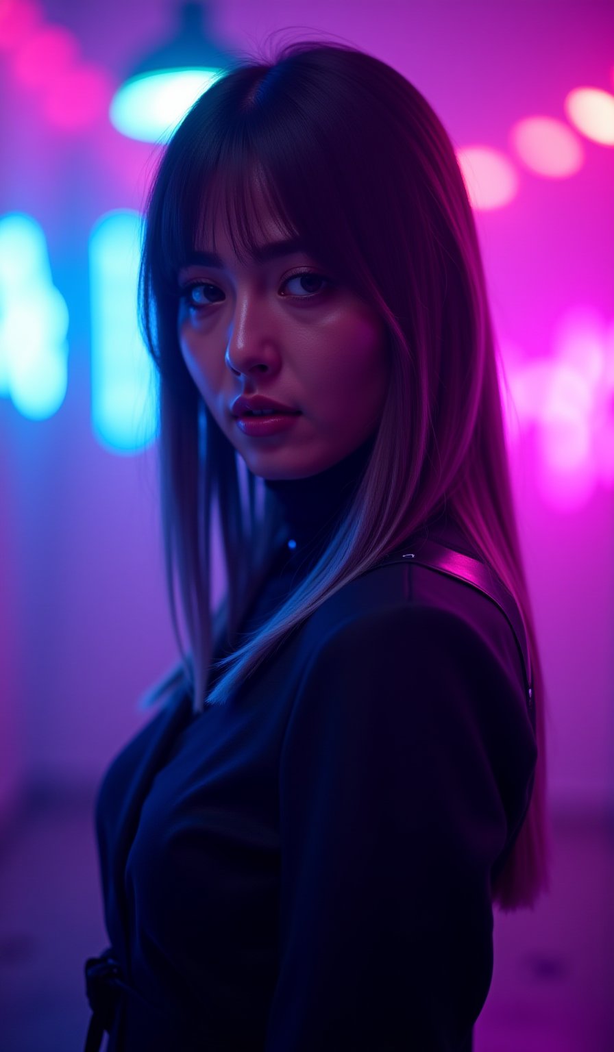 A cyberpunk women, realistic, details and enhanced image, beautiful,The atmosphere is fun and inviting, featuring colors like black, blue, dark blue, dark purple, gray, light green, purple, and orange. Neon lights in pink, blue, and green illuminate the space, creating a bokeh and Depth of Fieldeffect. The focus is on the girl from the torso to the head, captured in a cinematic style with a Sony A7R IV full-frame camera