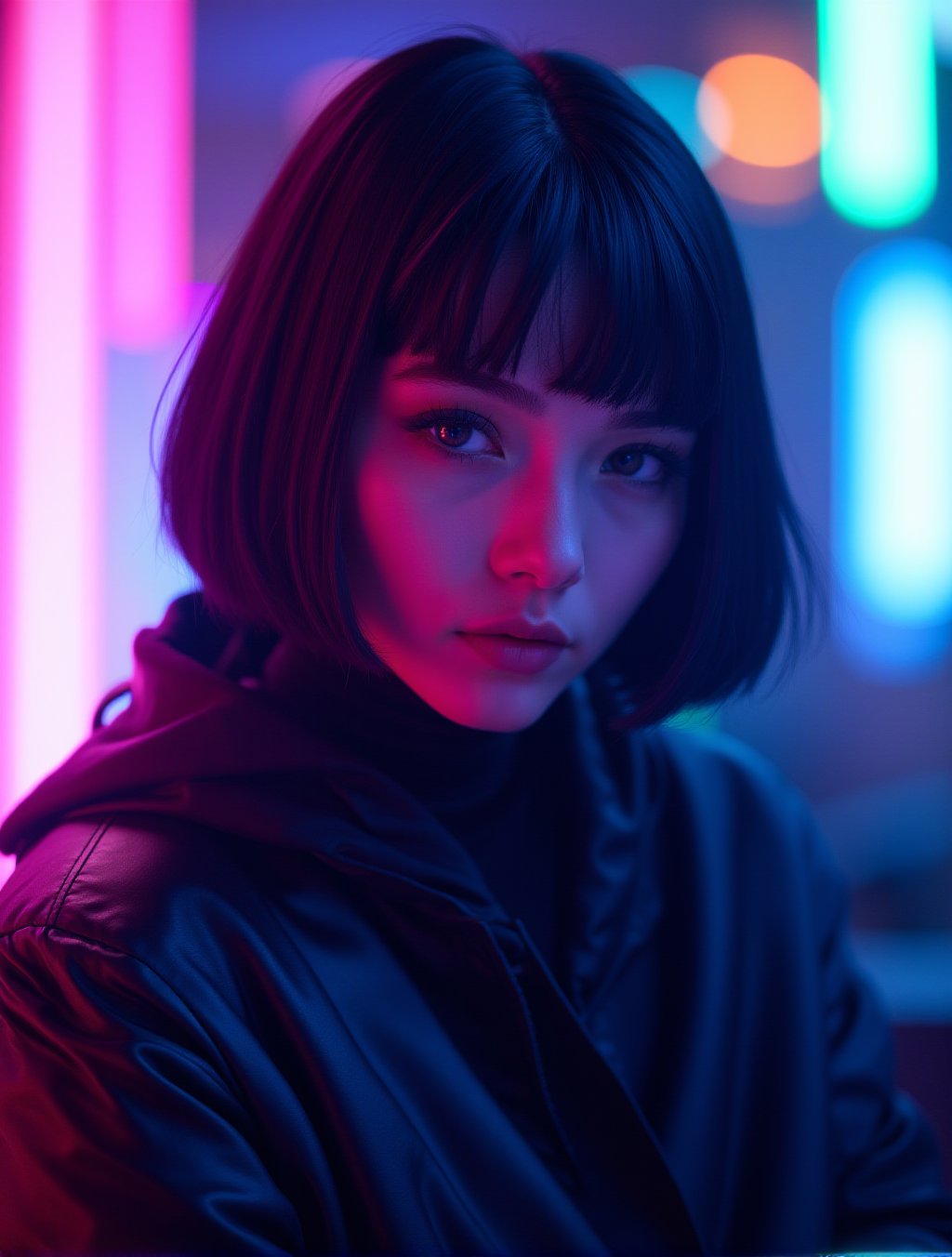 A cyberpunk women, realistic, details and enhanced image, beautiful,The atmosphere is fun and inviting, featuring colors like black, blue, dark blue, dark purple, gray, light green, purple, and orange. Neon lights in pink, blue, and green illuminate the space, creating a bokeh and Depth, captured in a cinematic style with a Sony A7R IV full-frame ceramic camera 