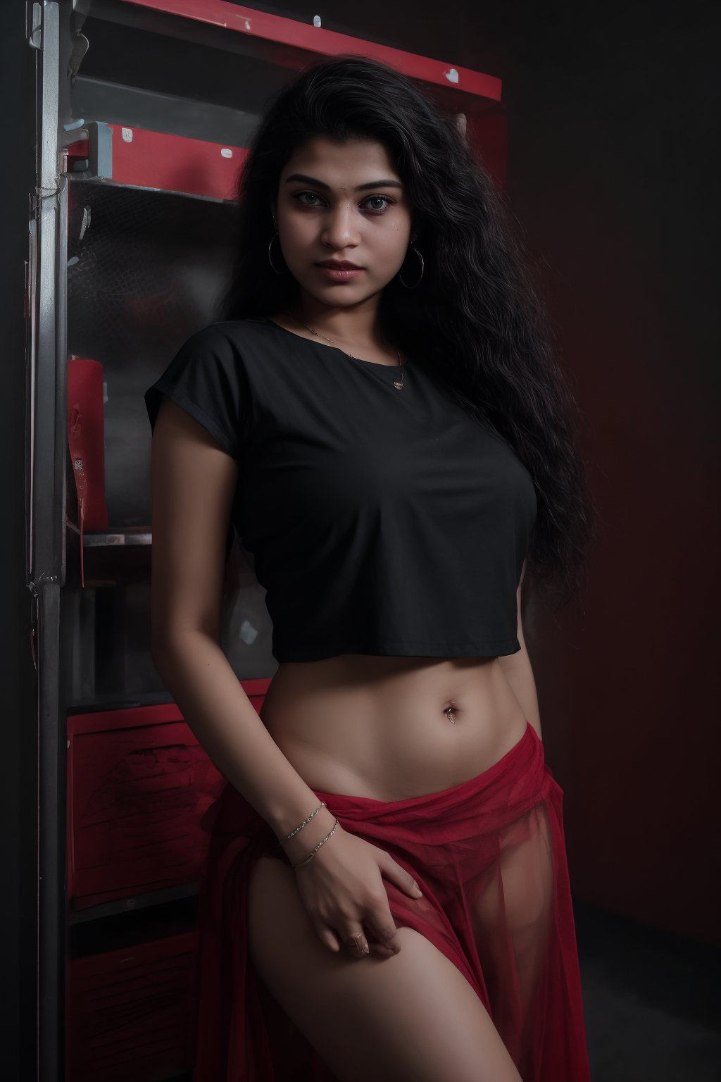 Cyberpunk, Neon glow, curvy women, masterpiece, high resolution, long skirt , long gown, side slit , best quality, 4k, plump face, 38 years old plump women,  thick_hip, solo, beauty photo, amateur photo, skin texture:1, 1girl, eye level, oversized button-up shirt, and hoop earrings, red_teal_orange-colored Flat ironed straight, stand pose in locker room,lighting,photorealistic,Curly girl ,redneonstyle,Mallu girl ,Tamil girl, cute, ,CyberpunkWorld, twin_tails,1mallu girl,cprebecca,27 year old girl