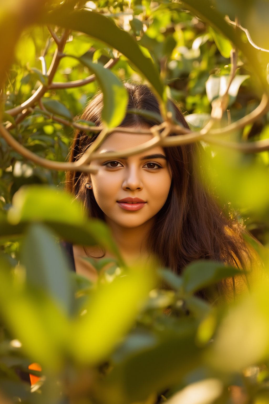 A stunning portrait of Kalyani Priyadarshan, framed by a warm golden light. She sits serenely in a lush greenery-filled setting, her long hair cascading down her back like a gentle waterfall. Her eyes sparkle with quiet confidence as she gazes softly into the distance.,Sahana15 