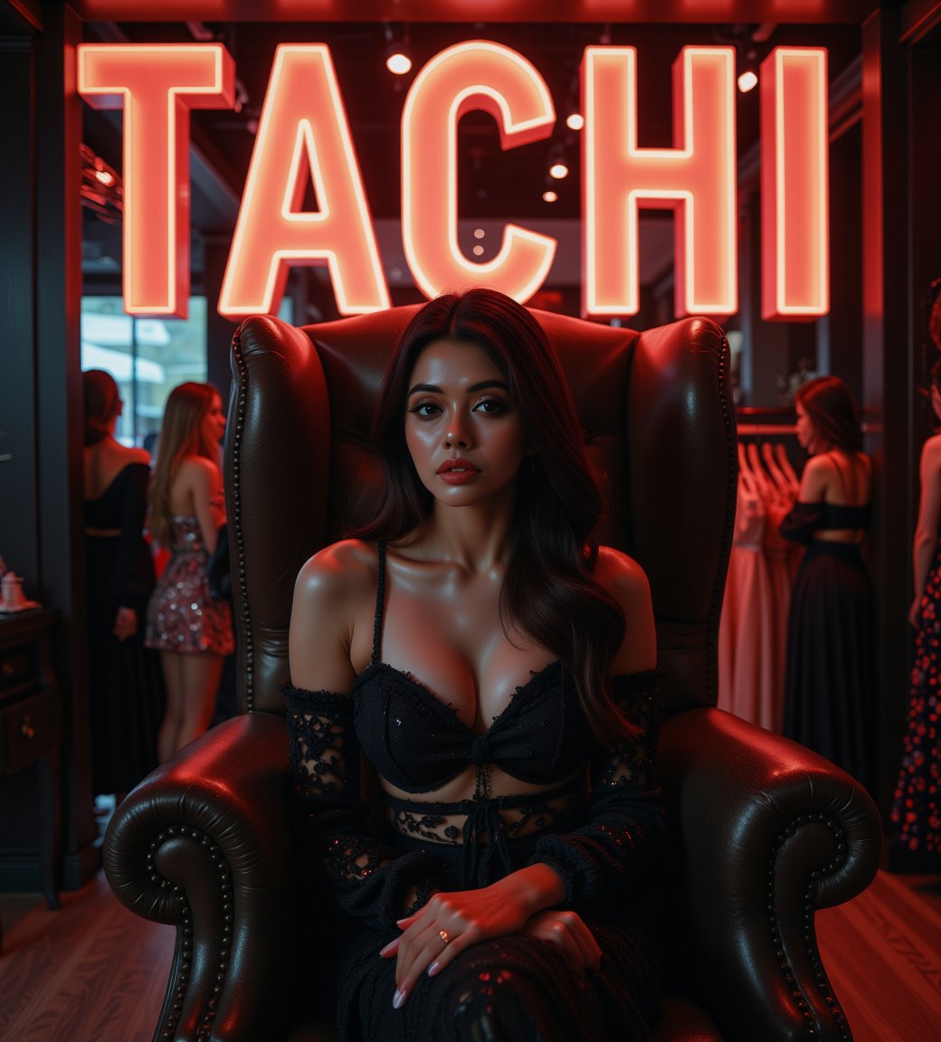 create me something beautiful, sexy, A beautiful woman, dressed in high fashion, sits on a throne in a luxurious boutique shop, surrounded by perfect cinematic lighting. Behind her, the shop's name "Tachi" is displayed in oversized glowing letters, commanding attention. Girls in the background casually explore the dresses on display. The scene highlights both the elegance of the boutique and the glowing, bold shop name.,Enhanced all