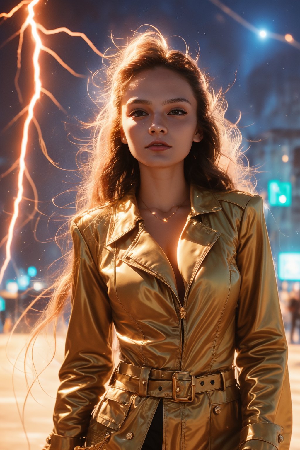 A young and fashionable Russian woman is standing in a square in a metropolis. Behind the woman, a bolt of lightning struck straight towards the ground,close_up,cowboy_shot,Neon,Face,Glow,lightning,(lightning),(lightning background),thunder,lightning bolt