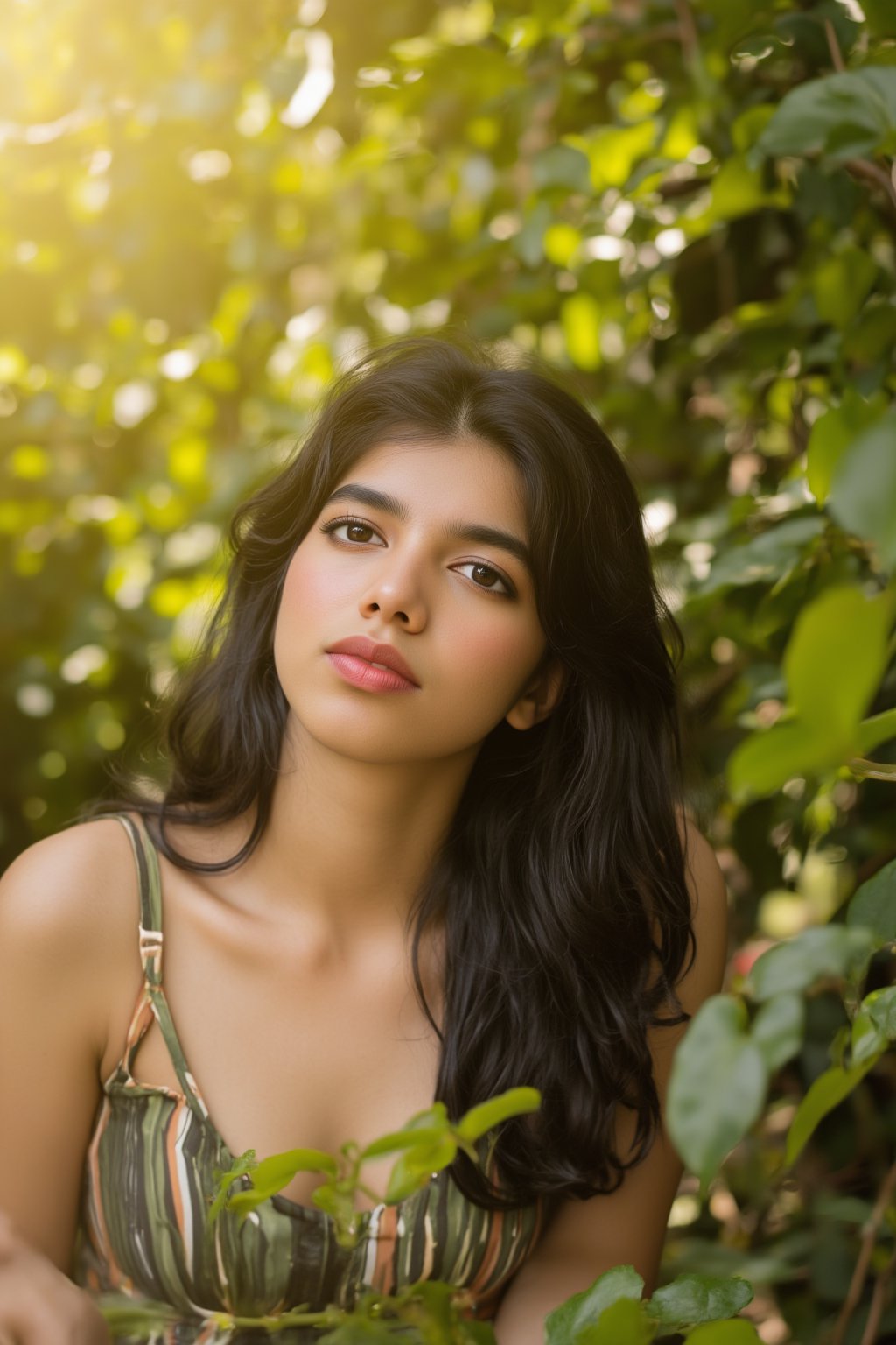 A stunning portrait of Kalyani Priyadarshan, framed by a warm golden light. She sits serenely in a lush greenery-filled setting, her long hair cascading down her back like a gentle waterfall. Her eyes sparkle with quiet confidence as she gazes softly into the distance.,Sahana15 