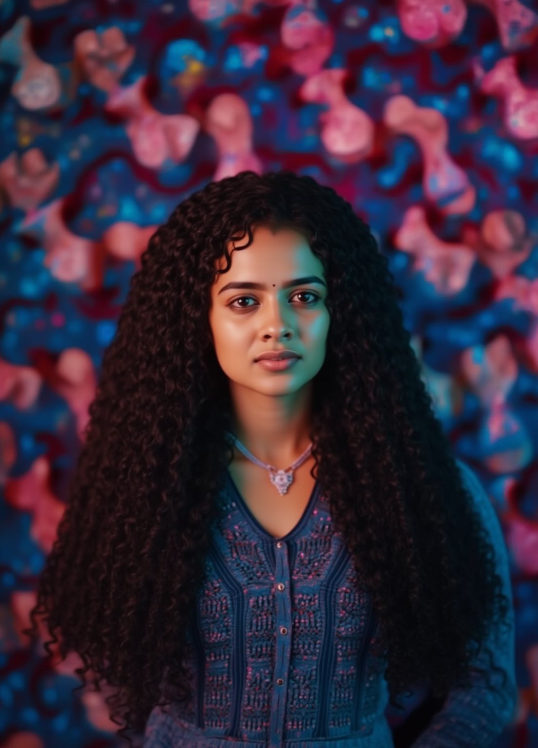 Capture a masterpiece of photography featuring a stunning girl with long, curly black hair (1.1) and intricate details in her school uniform, complete with a miniskirt and random colors. The scene is set in front of a striking fractal pattern (abstract) that creates a sense of depth and dimensionality. Professional HDR lighting (8k UHD RAW photo) casts a cinematic glow, accentuating the subject's features while also capturing the subtle play of iridescent lighting on her skin. Jewelry (1.4) adorns her neck, drawing attention to her radiant smile as she faces the viewer directly. The image is rendered in breathtaking detail, with every curl of hair and fold of fabric meticulously captured. Apply a realistic LUT for a true-to-life representation.,SH,Yakshi28 