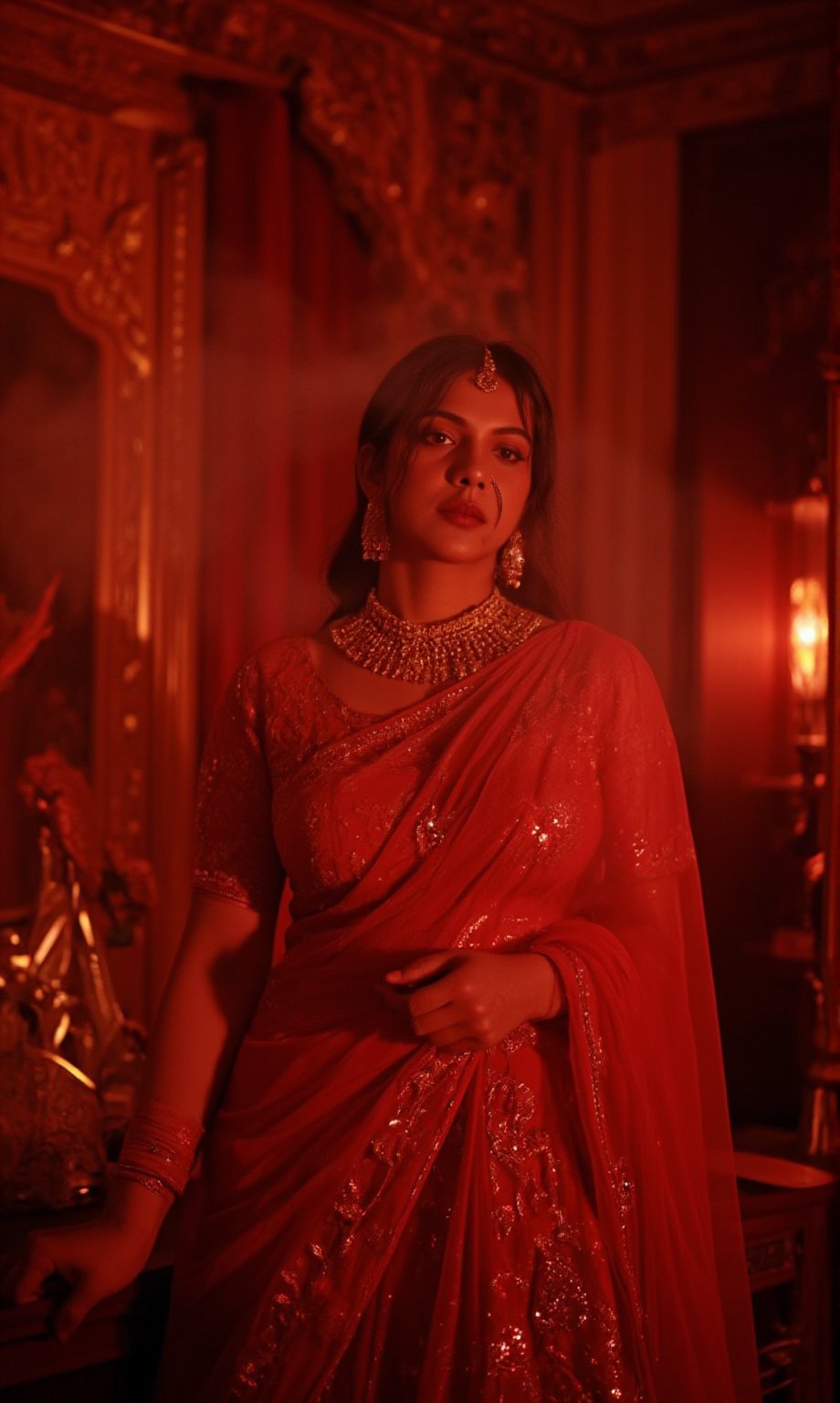 In a dimly lit, smoke-filled room, Madonna Sebastian poses majestically against a lavish, crimson-hued backdrop adorned with gleaming gold accents and subtle neon highlights. Her stunning red lehenga shimmers with intricate embroidery, paired with opulent gold jewelry that catches the eye. The cinematic lighting casts a warm, moody glow, evoking the essence of the iconic Matrix franchise. Madonna Sebastian exudes confidence and glamour, her regal presence commanding attention in this striking, neo-noir inspired setting.