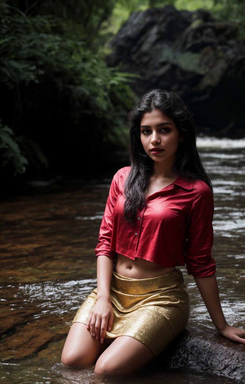 A half-body portrait of a woman underwater, partially submerged amidst a tranquil natural setting. She stands in a stream, surrounded by rocks and lush vegetation, her traditional attire glistening in the soft, diffuse light. A red blouse with intricate gold detailing complements a flowing white skirt, evoking a sense of cultural heritage and connection to nature. Her serene pose, blending seamlessly into the environment, suggests a deep respect for the natural world and the significance of her attire and surroundings.